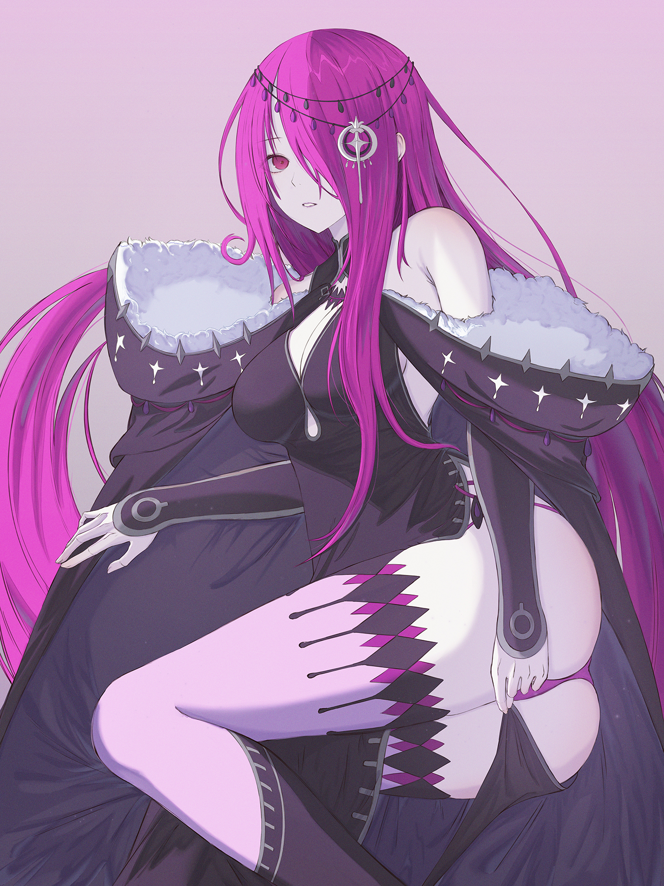 blue cat (jiwon), sekhmet (re:zero), re:zero kara hajimeru isekai seikatsu, highres, 1girl, ass, bare shoulders, black dress, breasts, cleavage, dress, hair ornament, hair over one eye, long sleeves, looking at viewer, lying, on side, pale skin, panties, pantyshot, purple eyes, purple hair, purple panties, simple background, smile, thighhighs, thighs, underwear