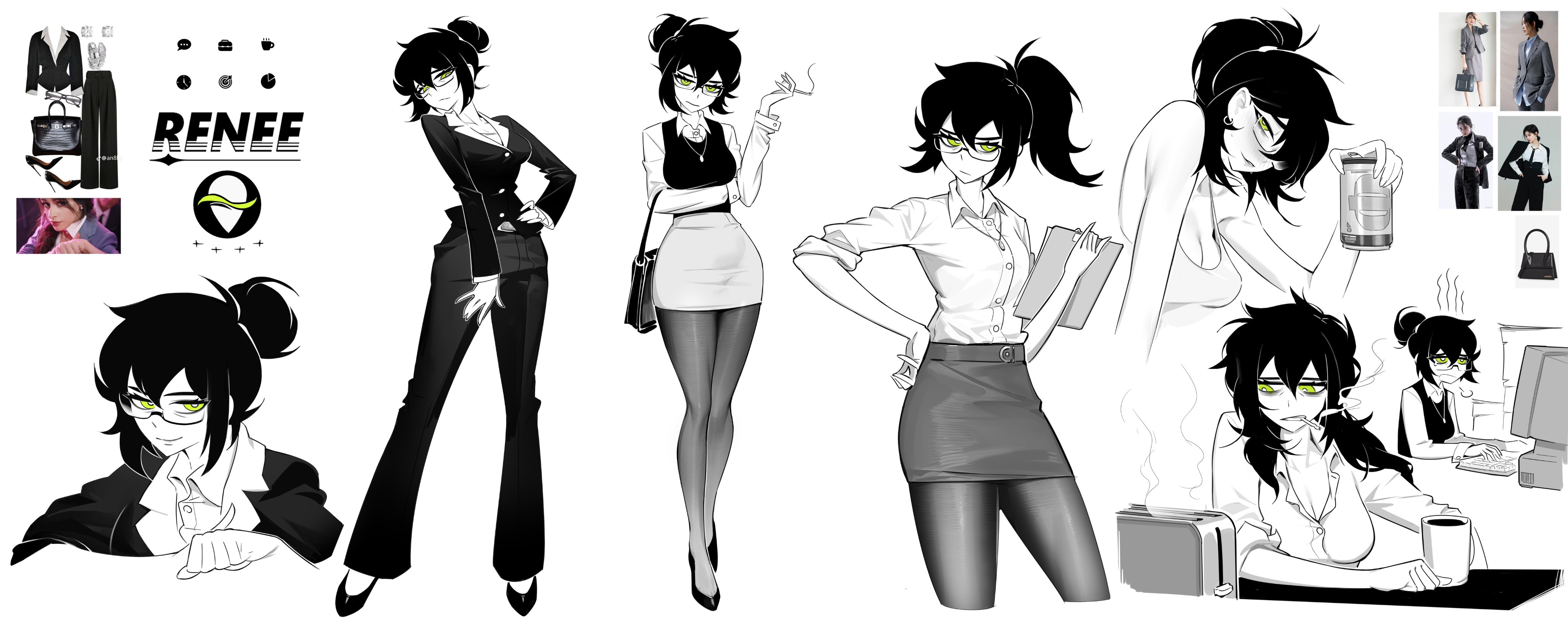 aierlaobo, renee graves, the coffin of andy and leyley, absurdres, commentary, english commentary, highres, 1girl, alternate costume, arm rest, arm under breasts, bag, bags under eyes, bare arms, bare shoulders, bra, breasts, buttons, can, character name, cigarette, cleavage, clenched teeth, clipboard, closed mouth, collarbone, collared shirt, computer, computer keyboard, cropped legs, cropped torso, cup, double-parted bangs, drink can, elbow carry, frown, full body, glasses, green eyes, greyscale, hair between eyes, hair bun, hair over shoulder, hair tie, hand on own hip, handbag, high contrast, high ponytail, holding, holding bag, holding can, holding cigarette, holding clipboard, jacket, jewelry, lapels, layered sleeves, legs apart, legs together, long hair, long sleeves, looking at object, looking at viewer, medium breasts, messy hair, miniskirt, monochrome, mouth hold, multiple views, necklace, notched lapels, pants, pantyhose, paper, pencil skirt, ponytail, raised inner eyebrows, rectangular eyewear, reference inset, shirt, shirt tucked in, shoes, short hair, short sleeves, simple background, single hair bun, single tear, skirt, spot color, sweater vest, table, teeth, toaster, underwear, upper body, white background