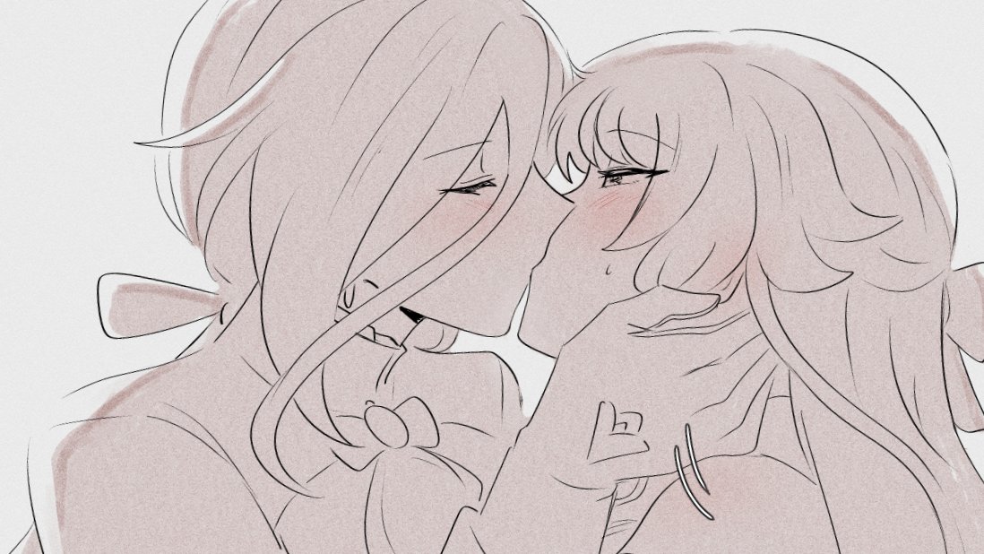 kaiyamon, clorinde (genshin impact), navia (genshin impact), genshin impact, commentary, english commentary, 2girls, blush, gloves, greyscale, hand on another's face, kiss, long hair, monochrome, multiple girls, purple eyes, spot color, sweat, yuri