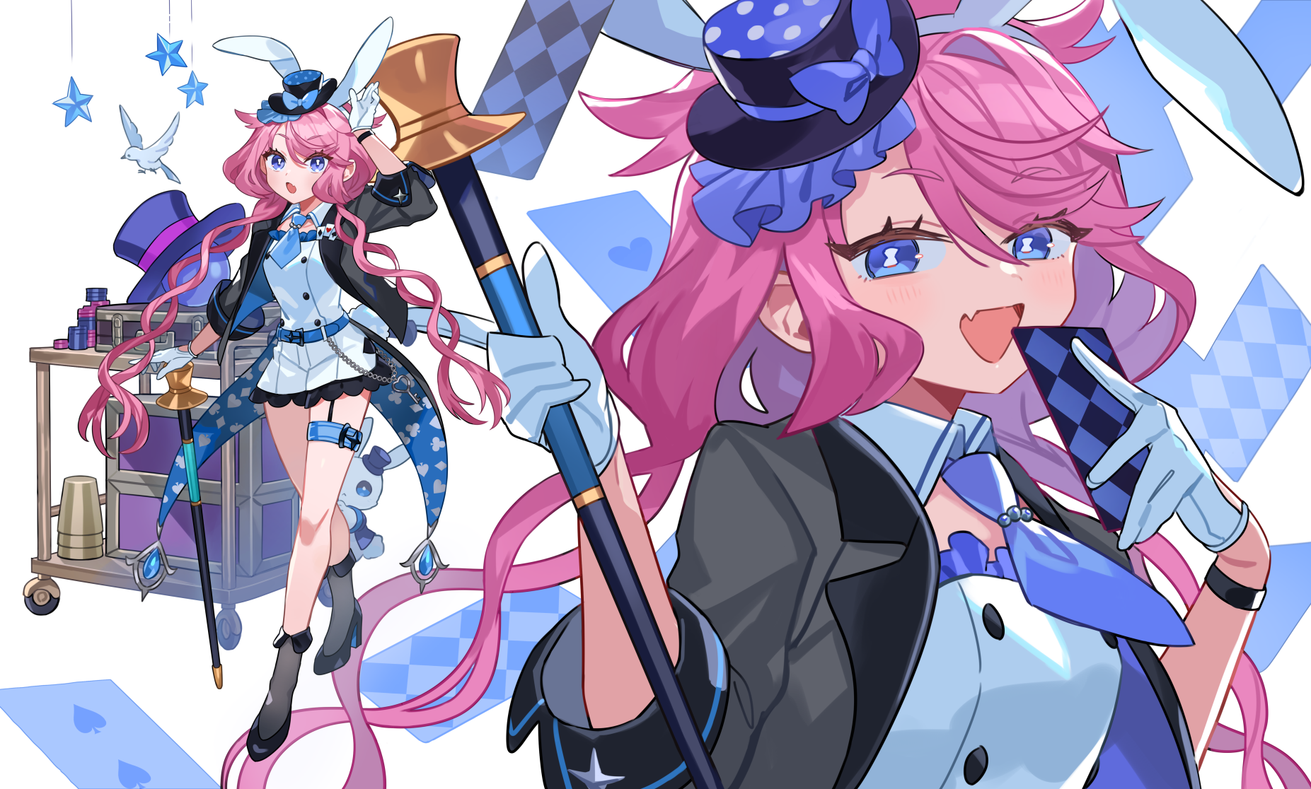 kanyoko (yuzukano 17), original, commentary request, highres, 1girl, animal ears, bird, black hat, black jacket, black shoes, blue eyes, blue necktie, box, cane, card, dress, eyelashes, gloves, hat, holding, holding cane, holding card, jacket, long hair, magician, mini hat, multiple views, necktie, pink hair, playing card, rabbit ears, shoes, short necktie, simple background, sleeves rolled up, star (symbol), suitcase, thigh strap, three of spades, top hat, twintails, two of hearts, upper body, very long hair, white background, white dress, white gloves