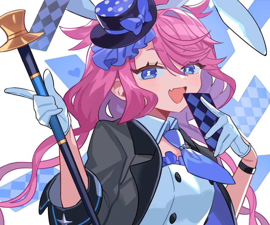 kanyoko (yuzukano 17), original, commentary request, 1girl, animal ears, black jacket, blue necktie, cane, card, fang, gloves, hat, holding, holding cane, holding card, jacket, long hair, looking at viewer, mini hat, necktie, open mouth, pink hair, playing card, rabbit ears, shirt, sidelocks, simple background, skin fang, smile, solo, top hat, two of hearts, upper body, white background, white gloves, white shirt
