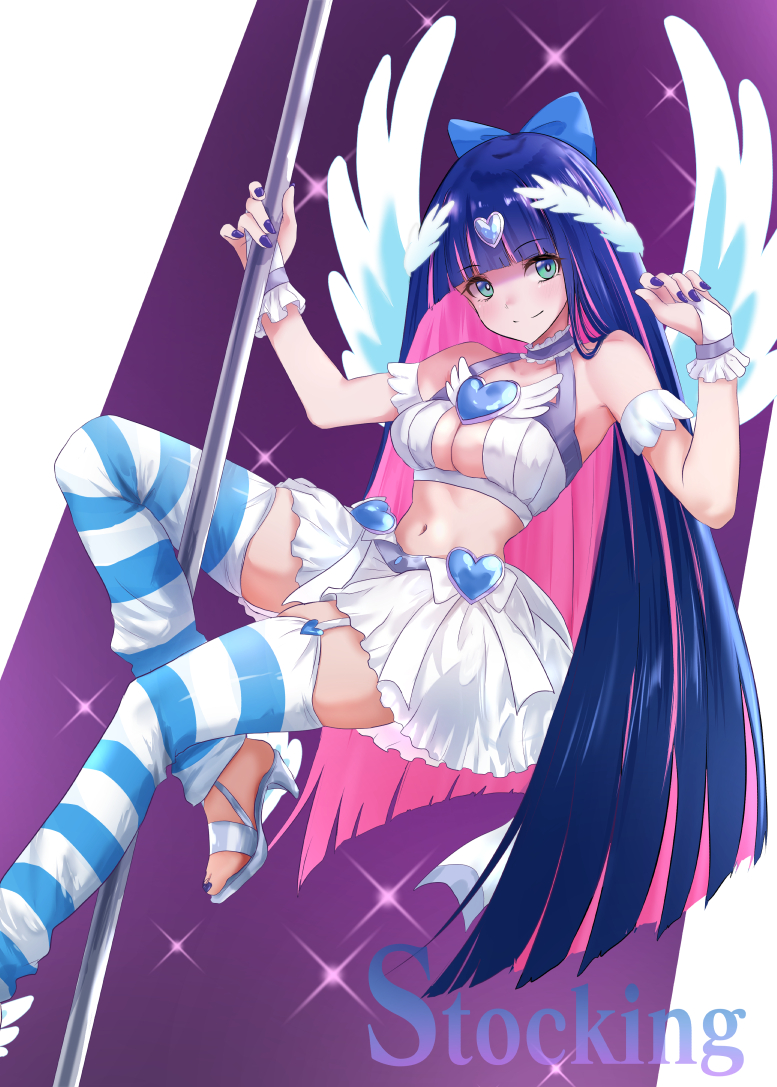 ram hachimin, stocking (psg), panty & stocking with garterbelt, 1girl, angel wings, blue bow, blunt bangs, bow, breasts, cleavage, green eyes, long hair, looking at viewer, multicolored hair, purple nails, smile, solo, striped clothes, striped hair, striped thighhighs, thighhighs, two-tone hair, wings