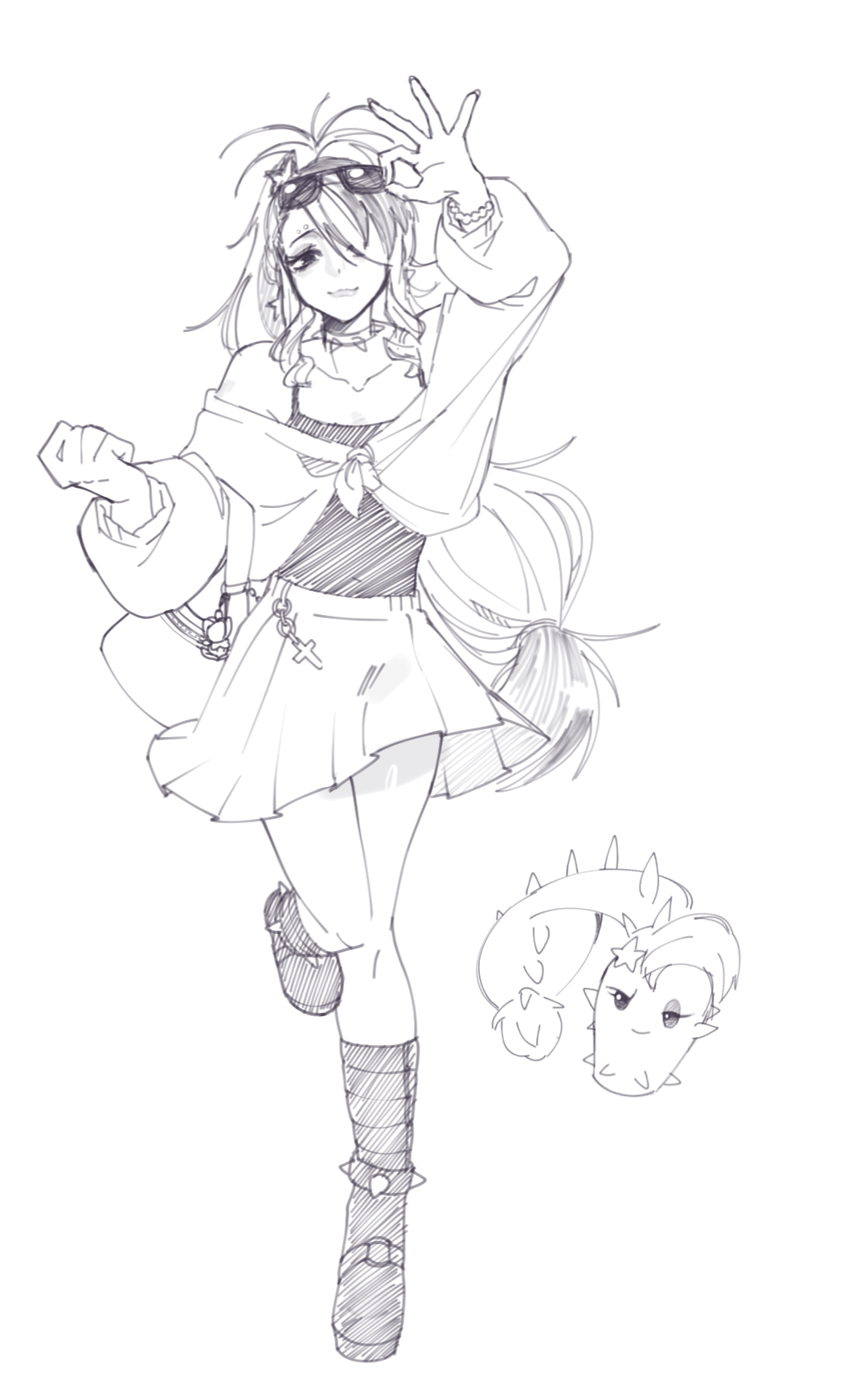 veghia, dusk lobber (plants vs. zombies), plants vs. zombies, plants vs. zombies 2, chinese commentary, commentary request, highres, 1girl, :3, :d, arm up, bag, bags under eyes, bare shoulders, boots, bracelet, camisole, chain, charm (object), choker, clenched hand, collarbone, cross, drill hair, drill sidelocks, elbow carry, eyewear on head, full body, greyscale, hair ornament, hair over one eye, handbag, hatching (texture), high ponytail, holding, holding bag, jewelry, knee boots, long hair, long sleeves, looking at viewer, low-tied long hair, miniskirt, monochrome, off-shoulder jacket, off shoulder, one eye covered, open mouth, personification, pleated skirt, ponytail, puffy long sleeves, puffy sleeves, sidelocks, simple background, skirt, smile, solo, spiked boots, spiked choker, spikes, standing, standing on one leg, star (symbol), star hair ornament, straight-on, sunglasses, very long hair, white background