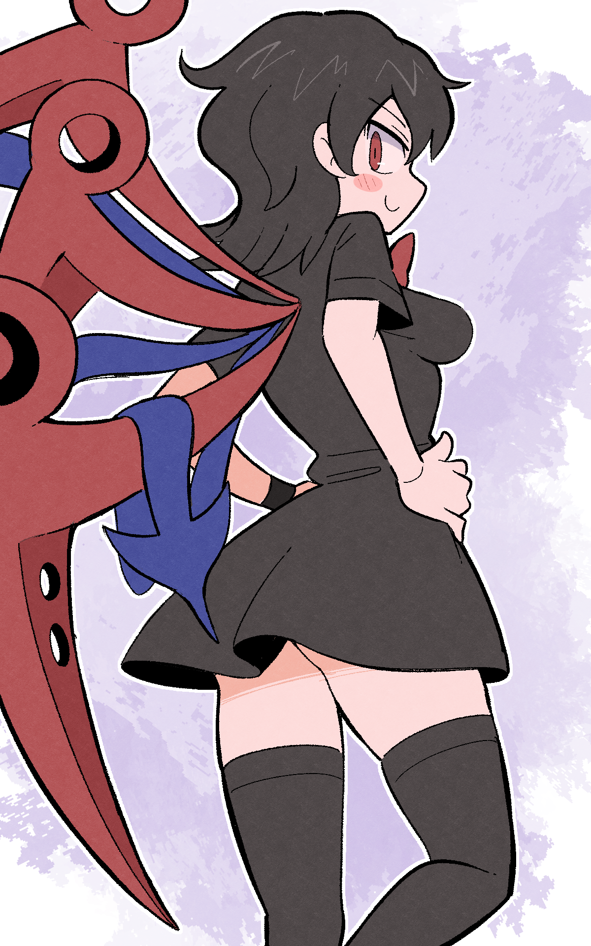 kurachi mizuki, houjuu nue, touhou, highres, 1girl, asymmetrical wings, black dress, black hair, black thighhighs, breasts, dress, no panties, red eyes, short hair, smile, solo, thighhighs, wings