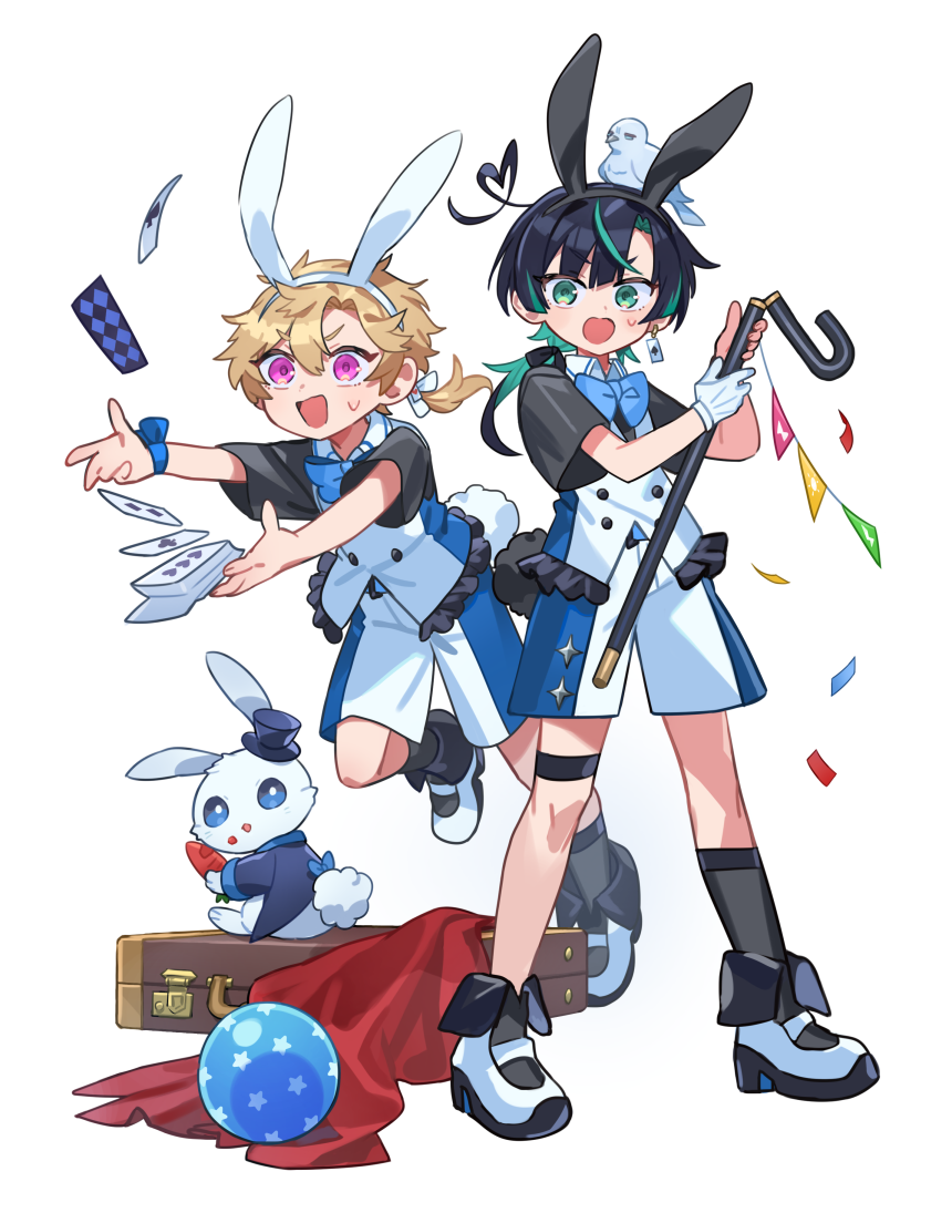 kanyoko (yuzukano 17), original, commentary request, 2boys, :o, ahoge, animal, animal ears, animal on head, bird, bird on head, black hair, black shirt, black socks, blonde hair, blue bow, blue bowtie, bow, bowtie, braid, cane, card, carrot, colored inner hair, confetti, earrings, fake animal ears, food, food on face, full body, gloves, green eyes, green hair, heart, heart ahoge, holding, holding cane, holding food, jewelry, looking at viewer, male focus, mismatched socks, multicolored hair, multiple boys, on head, playing card, ponytail, purple eyes, rabbit, rabbit ears, rabbit tail, shirt, shoes, short ponytail, simple background, single braid, socks, streaked hair, string of flags, suitcase, surprised, tail, thigh strap, vest, white background, white gloves, white shoes, white vest