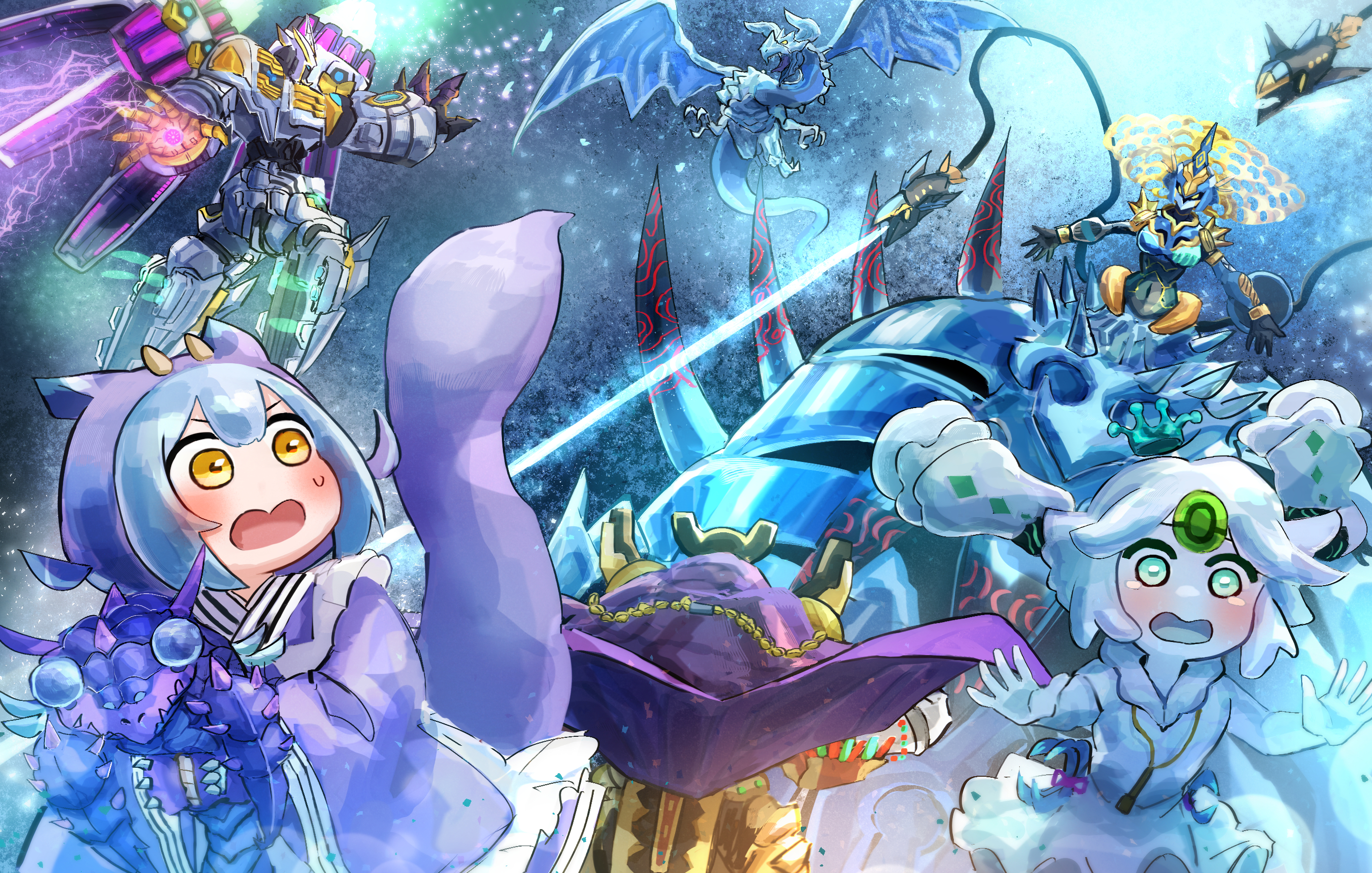 hatano kiyoshi, divine arsenal aa-zeus – sky thunder, eldlich the golden lord, icejade aegirine, laundry dragonmaid, tidal dragon ruler of waterfalls, yu-gi-oh!, commentary request, highres, 3girls, battle, blue hair, blush, dragon girl, dragon horns, duel monster, electricity, group picture, horns, icejade creation aegirocassis, mecha, multiple girls, paleozoic anomalocaris, robot, therion reaper fum, yellow eyes