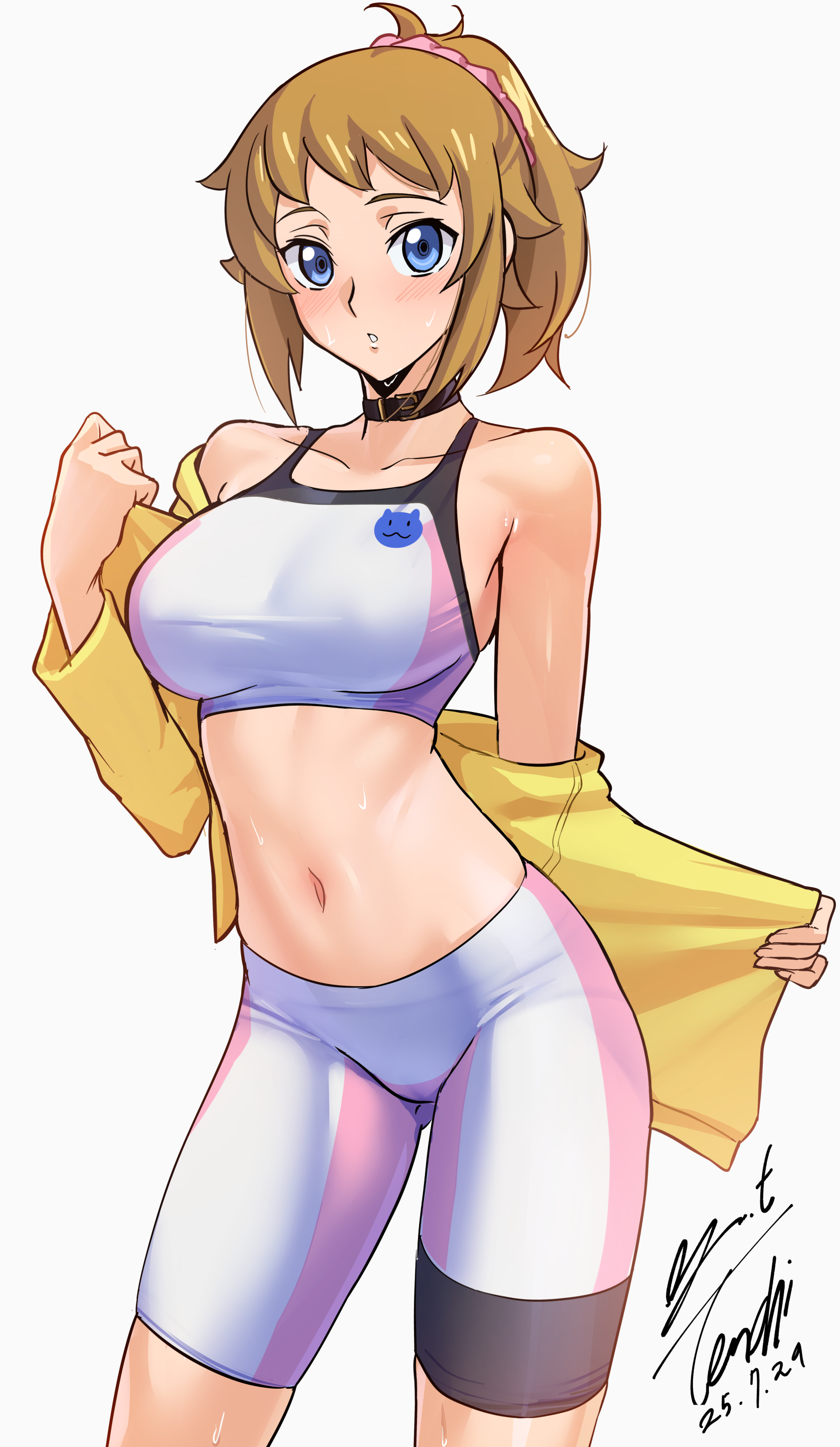 yoo tenchi, hoshino fumina, gundam, gundam build fighters, gundam build fighters try, absurdres, commentary, highres, revision, 1girl, bare shoulders, bike shorts, black choker, blue eyes, blush, breasts, brown hair, choker, collarbone, dated, hair between eyes, hair ornament, hair scrunchie, jacket, large breasts, long hair, long sleeves, looking at viewer, midriff, navel, off shoulder, open clothes, open jacket, parted lips, pink scrunchie, pink shorts, pink sports bra, ponytail, scrunchie, shorts, sidelocks, signature, simple background, solo, sports bra, standing, sweat, two-tone shorts, two-tone sports bra, white background, white shorts, white sports bra, yellow jacket