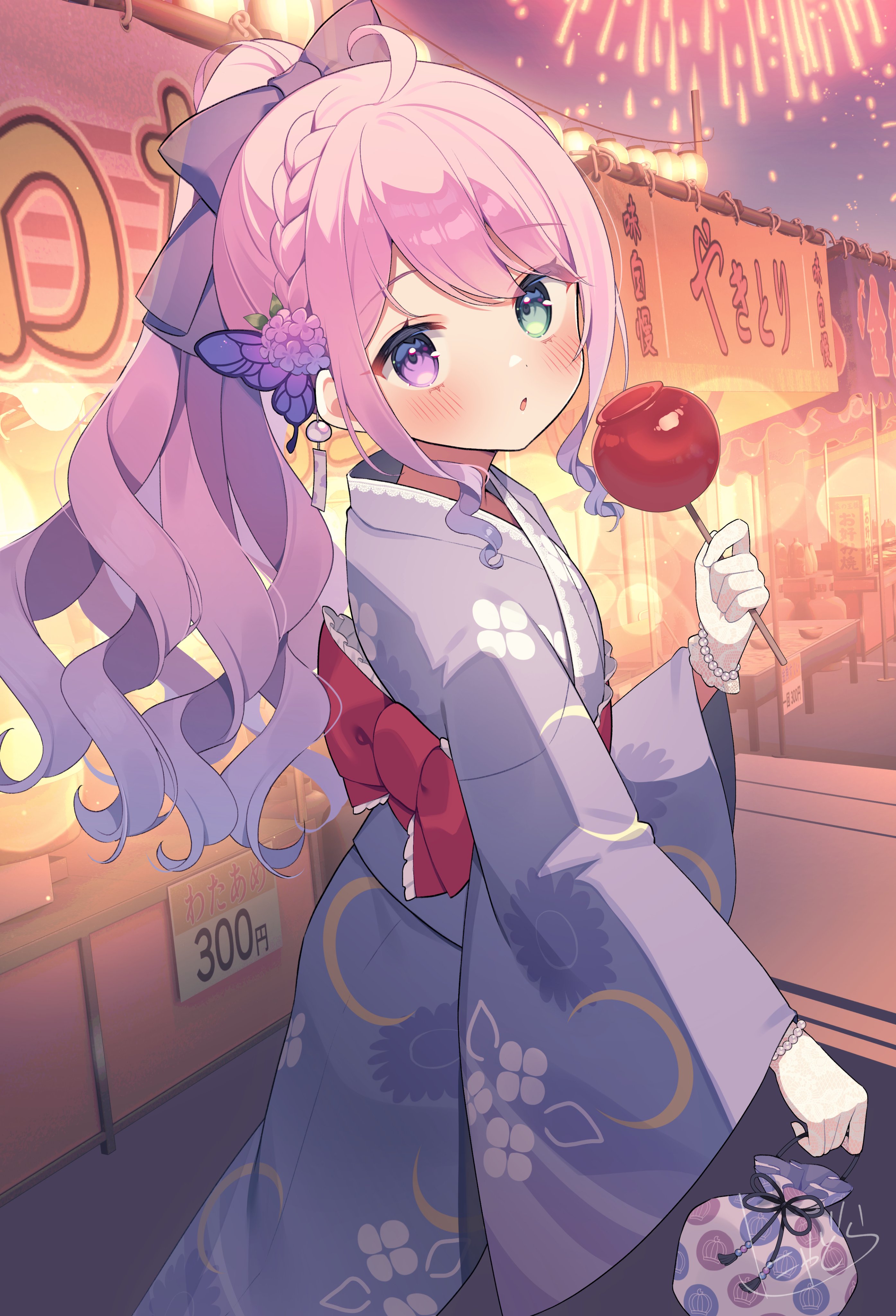 nyasunyadoora, himemori luna, hololive, absurdres, commentary request, highres, 1girl, :o, blush, butterfly hair ornament, candy apple, cowboy shot, fireworks, food, green eyes, hair ornament, heterochromia, holding, holding candy apple, holding food, japanese clothes, kimono, long hair, long sleeves, looking at viewer, obi, open mouth, outdoors, pink hair, purple eyes, purple kimono, sash, solo, tied sleeves, virtual youtuber, yukata