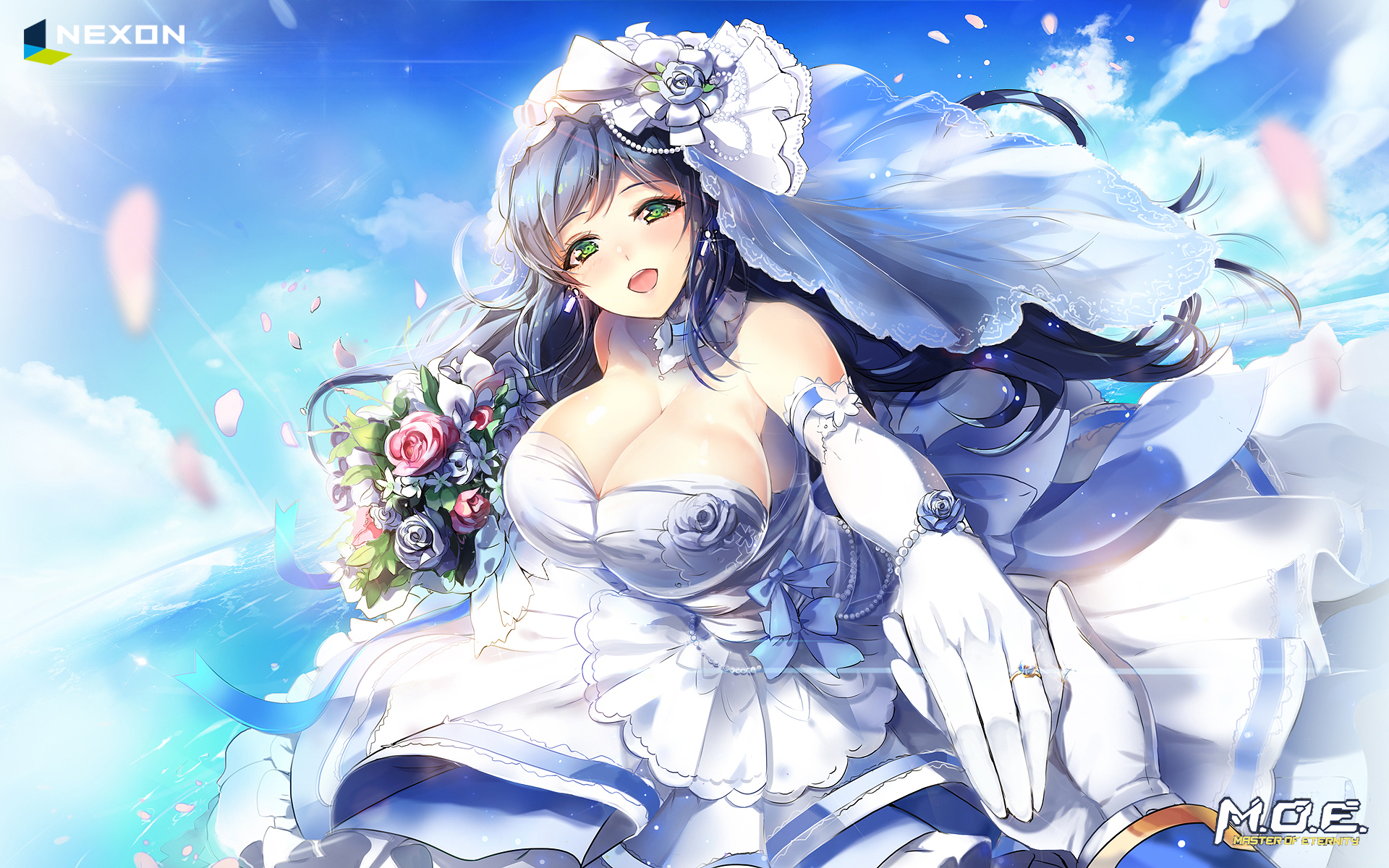 irene (master of eternity), master of eternity, bad source, commentary request, highres, korean commentary, official art, 1girl, bare shoulders, blue flower, blue hair, blue rose, blue sky, blurry, blurry foreground, bouquet, breasts, bridal veil, cleavage, cloud, company logo, company name, copyright logo, copyright name, day, detached collar, dress, dutch angle, elbow gloves, flower, gloves, green eyes, happy, head tilt, holding, holding bouquet, holding hands, horizon, jewelry, large breasts, long hair, looking at viewer, open mouth, outdoors, pink petals, pov, pov hands, red flower, red rose, ring, rose, sky, smile, solo focus, strapless, strapless dress, sunlight, teeth, upper teeth only, veil, wading, water, wedding dress, wedding ring, white dress, white gloves, white veil