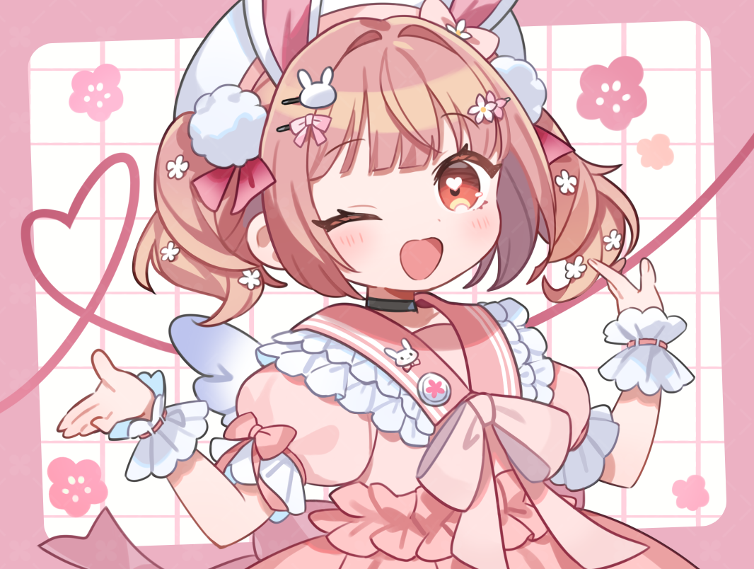 kanyoko (yuzukano 17), kohanai momomi, indie virtual youtuber, commentary request, commission, skeb commission, 1girl, animal ears, border, bow, brown eyes, brown hair, dress, flower, frilled dress, frills, grid background, hair flower, hair ornament, hat, heart, heart-shaped pupils, looking at viewer, one eye closed, pink border, pink bow, pink dress, pink sailor collar, pom pom (clothes), pom pom hair ornament, puffy short sleeves, puffy sleeves, rabbit ears, rabbit hair ornament, sailor collar, short sleeves, short twintails, simple background, solo, symbol-shaped pupils, twintails, upper body, virtual youtuber, white background, white flower, white hat, white wrist cuffs, wrist cuffs
