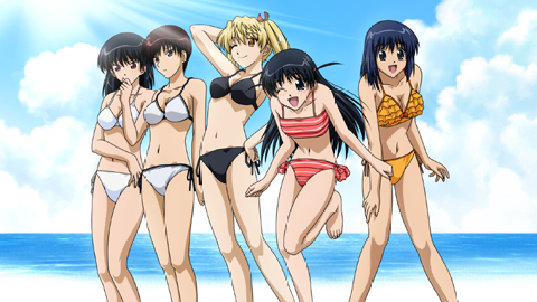 sawachika eri, suou mikoto (school rumble), takano akira, tsukamoto tenma, tsukamoto yakumo, school rumble, game cg, highres, 5girls, arm behind head, armpits, beach, bikini, black bikini, blue eyes, blue hair, breasts, brown eyes, cleavage, feet, hand on own hip, large breasts, long hair, looking at viewer, model pose, multiple girls, navel, ocean, one eye closed, red eyes, short hair, siblings, sisters, swimsuit, tomboy, twintails, water, white bikini, wink, yellow eyes