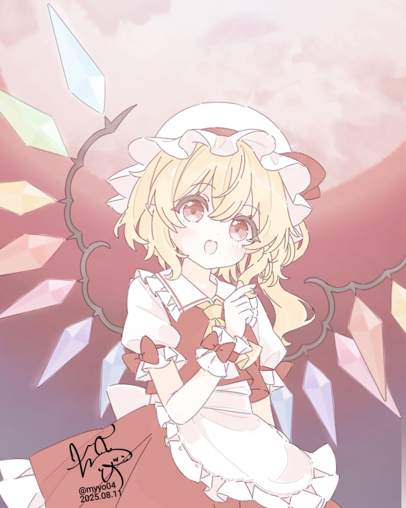 chame (myyo04), flandre scarlet, touhou, commentary request, 1girl, apron, ascot, blonde hair, bow, collared shirt, crystal, crystal wings, dated, embellished costume, frilled shirt collar, frills, full moon, hat, hat ribbon, long hair, looking at viewer, mob cap, moon, multicolored wings, one side up, open mouth, pointy ears, puffy short sleeves, puffy sleeves, red bow, red eyes, red moon, red skirt, red vest, ribbon, shirt, short sleeves, signature, skirt, skirt set, sleeve bow, smile, solo, twitter username, vest, waist apron, white apron, white hat, white shirt, wings, wrist cuffs, yellow ascot