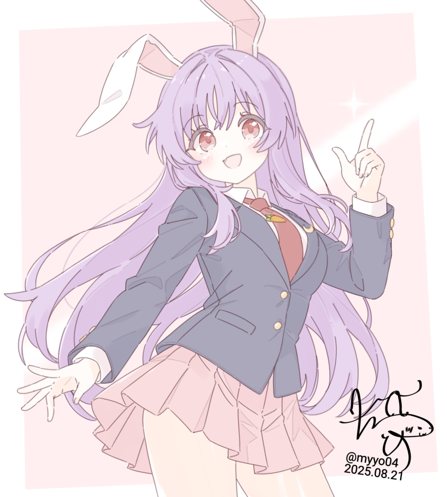 chame (myyo04), reisen udongein inaba, touhou, commentary request, 1girl, animal ears, black jacket, blazer, blush, carrot pin, collared shirt, crescent, crescent pin, dated, finger gun, jacket, long hair, long sleeves, looking at viewer, necktie, open mouth, pink skirt, purple hair, rabbit ears, rabbit girl, red eyes, red necktie, shirt, signature, skirt, smile, solo, twitter username, very long hair, white shirt