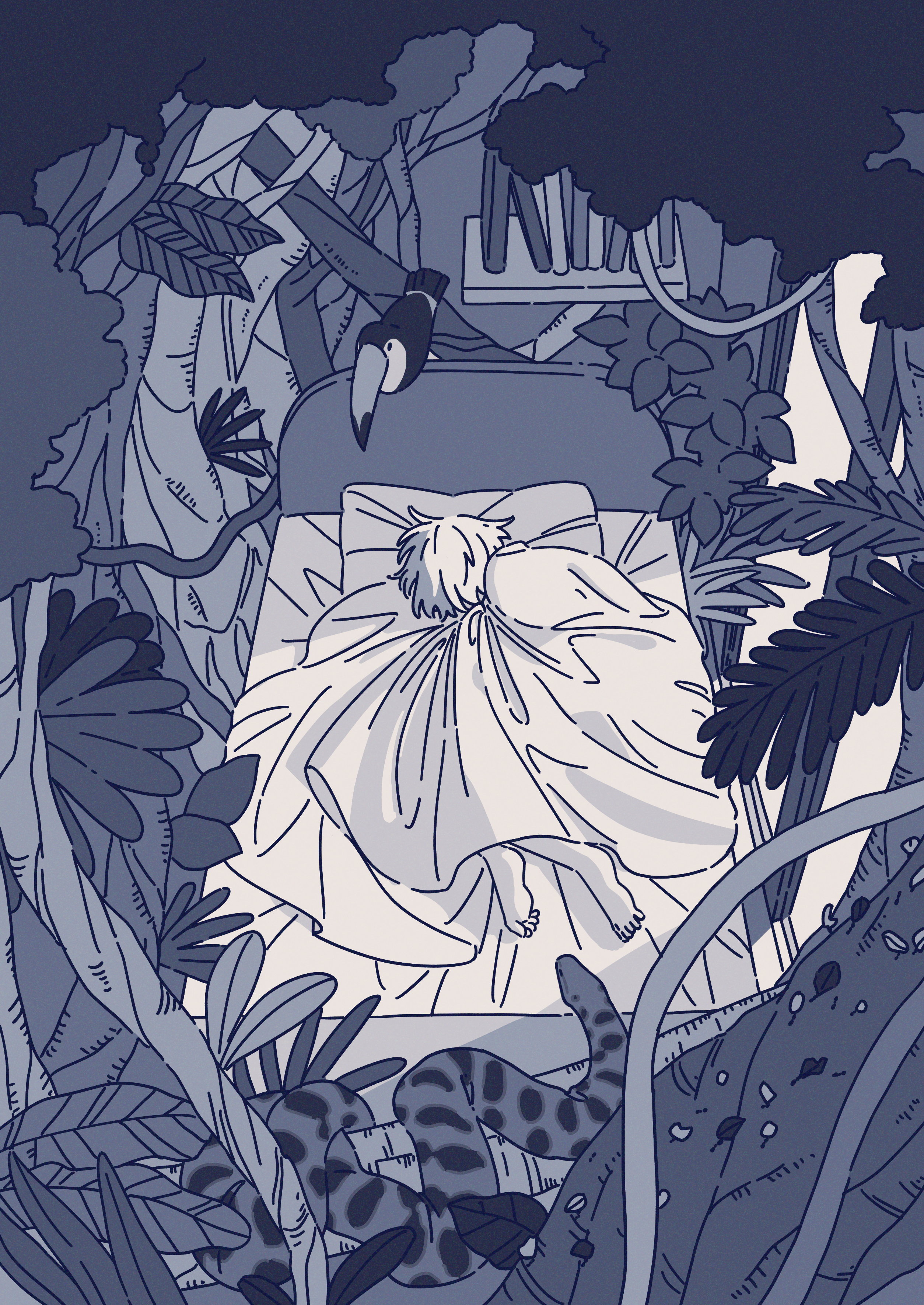 mitsuki sanagi, original, absurdres, commentary, highres, 1other, ambiguous gender, animal, barefoot, bed, bird, forest, head on pillow, jungle, lying, monochrome, nature, on bed, on side, outdoors, pillow, short hair, snake, tree, under covers