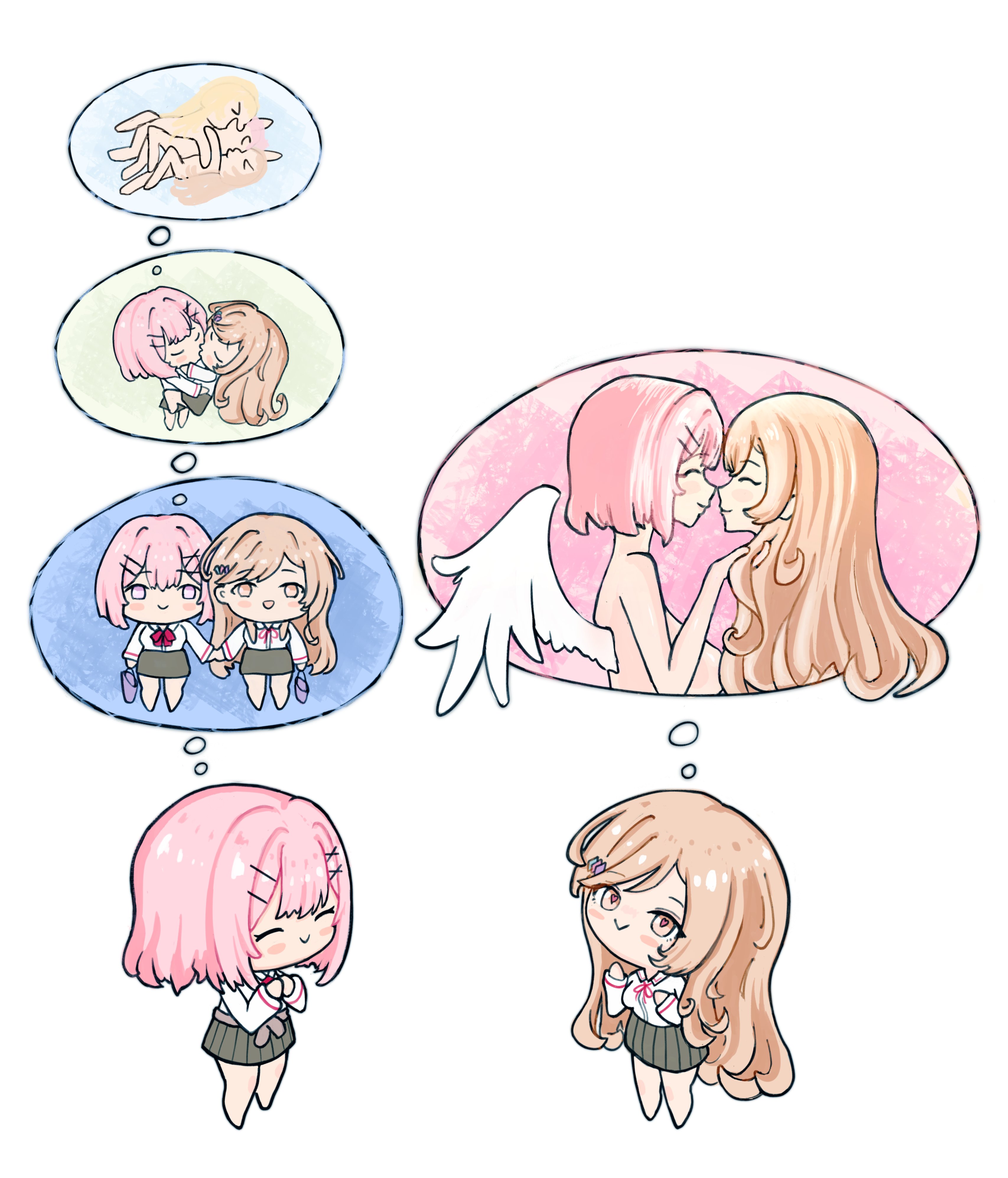 amaori renako, ouzuka mai, sena ajisai, watashi ga koibito ni nareru wake naijan murimuri!, absurdres, highres, 3girls, :>, ashigaya high school uniform, blonde hair, blush, bow, bowtie, brown hair, closed eyes, collared shirt, feathered wings, flower hairpin, fluffsnack, girl sandwich, hair ornament, hairclip, holding hands, hug, kiss, long hair, long sleeves, multiple girls, nude, parallel hairclips, pink hair, purple eyes, red bow, sandwiched, school uniform, shirt, short hair, skirt, smile, speech bubble, thought bubble, white shirt, white wings, wings, x hair ornament, yuri