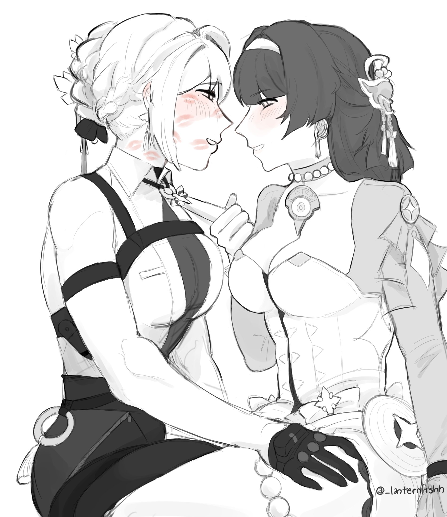 astra yao, evelyn chevalier, zenless zone zero, commentary, highres, 2girls, blush, breasts, cleavage, clothes grab, collar, dress, eye contact, gloves, greyscale, hair bun, hairband, hand on another's thigh, lanternfishh, large breasts, lipstick mark, lipstick mark on face, long hair, looking at another, monochrome, multiple girls, necktie, necktie grab, neckwear grab, pants, parted lips, smile, spot color, yuri
