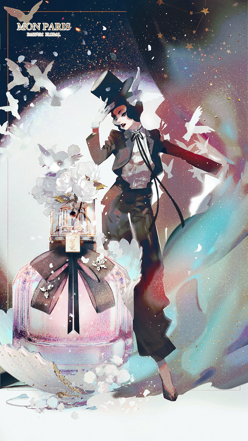 mian lang, highres, 1girl, ad, bird, black hat, black pants, flower, hat, long sleeves, open mouth, pants, perfume (cosmetics), red lips, rose, short hair, solo, standing, white bird, white flower, white rose, ysl