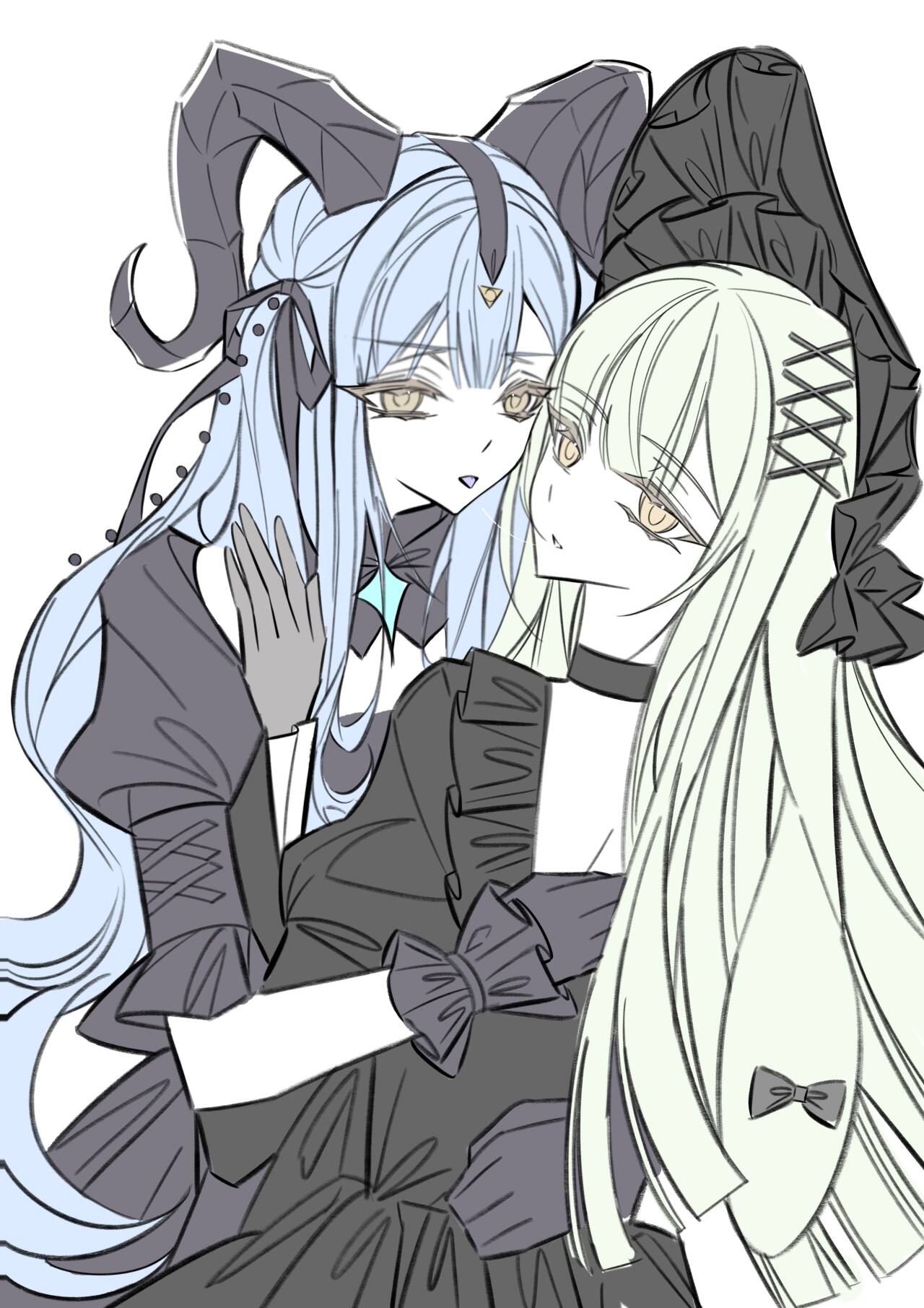 daydreamer023, togawa sakiko, wakaba mutsumi, arknights, bang dream!, bang dream! it's mygo!!!!!, commentary request, highres, 2girls, black bonnet, black choker, black dress, black gloves, blue eyes, bonnet, bow, choker, curled horns, double-parted bangs, dress, gloves, green hair, hair bow, hair ornament, hair ribbon, horns, hug, long hair, looking at viewer, multiple girls, official alternate costume, parted lips, ribbon, saliva, saliva trail, simple background, togawa sakiko (master of melodia), tongue, tongue out, wakaba mutsumi (marionette's id), white background, x hair ornament, yellow eyes, yuri
