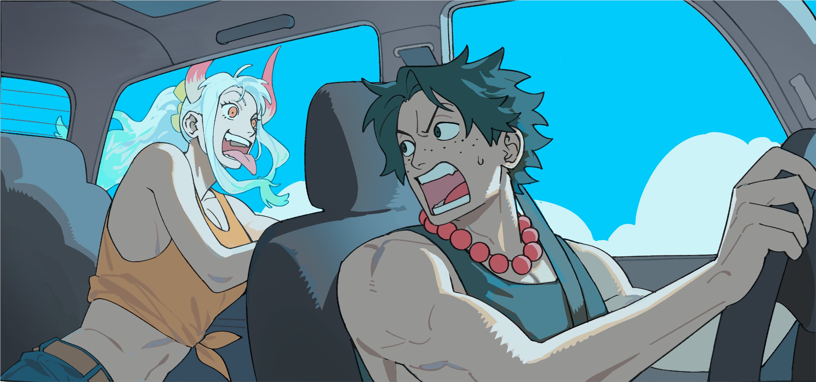 nyan 2020, portgas d. ace, yamato (one piece), one piece, highres, 1boy, 1girl, bead necklace, beads, belt, black hair, black shirt, blue pants, blue sky, breasts, car, cloud, driving, freckles, furrowed brow, hair ornament, horns, jewelry, long hair, looking back, midriff, motor vehicle, necklace, open mouth, orange pupils, orange shirt, pants, shirt, short hair, sidelocks, sky, sleeveless, sleeveless shirt, smile, steering wheel, sweatdrop, teeth, through window, tongue, tongue out, wheel, white hair