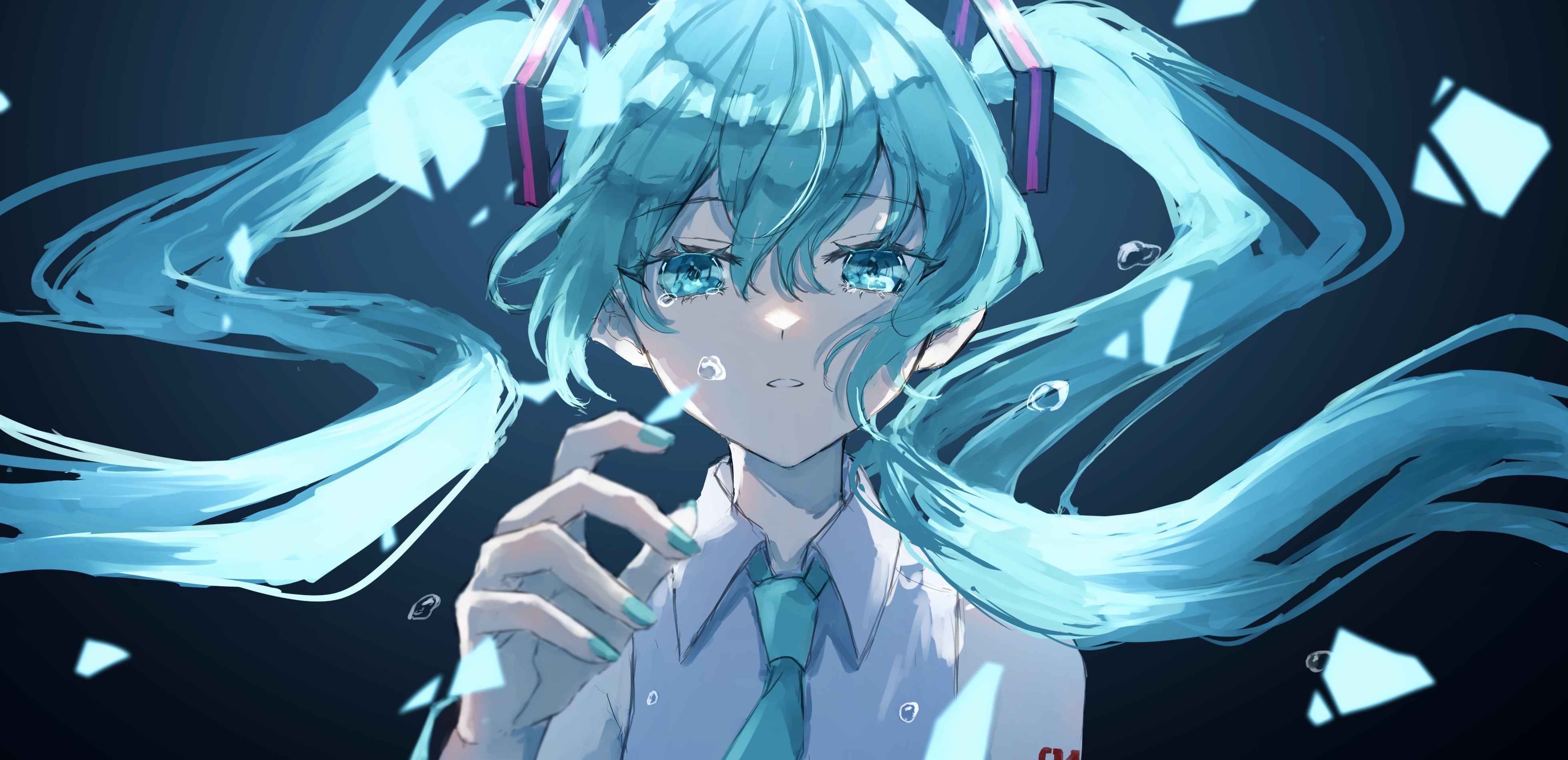 saikisaika, hatsune miku, vocaloid, absurdres, commentary, highres, 1girl, aqua eyes, aqua hair, aqua nails, aqua necktie, backlighting, bare shoulders, black background, bubble, collared shirt, crying, crying with eyes open, double-parted bangs, floating hair, hair between eyes, hair ornament, hand up, long hair, looking at viewer, nail polish, necktie, number tattoo, parted lips, portrait, shirt, shoulder tattoo, simple background, sleeveless, sleeveless shirt, solo, straight-on, tattoo, tears, twintails, very long hair, white shirt