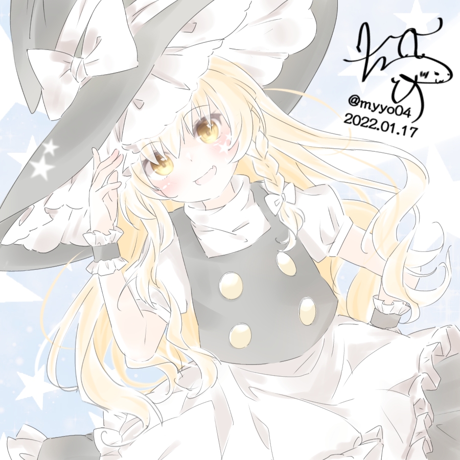 chame (myyo04), kirisame marisa, touhou, commentary request, 1girl, apron, blonde hair, blush, bow, braid, dated, hair bow, hat, hat bow, long hair, looking at viewer, open mouth, puffy short sleeves, puffy sleeves, short sleeves, side braid, signature, single braid, smile, solo, star (symbol), twitter username, very long hair, waist apron, white bow, witch hat, wrist cuffs, yellow eyes
