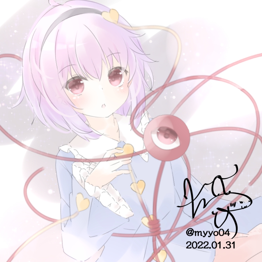 chame (myyo04), komeiji satori, touhou, commentary request, 1girl, black hairband, blue shirt, buttons, collared shirt, dated, eyeball, frilled shirt collar, frilled sleeves, frills, hair ornament, hairband, heart, heart button, heart hair ornament, long sleeves, looking at viewer, open mouth, pink eyes, pink hair, pink skirt, shirt, signature, skirt, solo, third eye, twitter username, wide sleeves