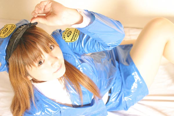mizuhara arisa, character request, photo (medium), source request, tagme, brown hair, cosplay, hat, long hair, lying, police, police uniform, policewoman