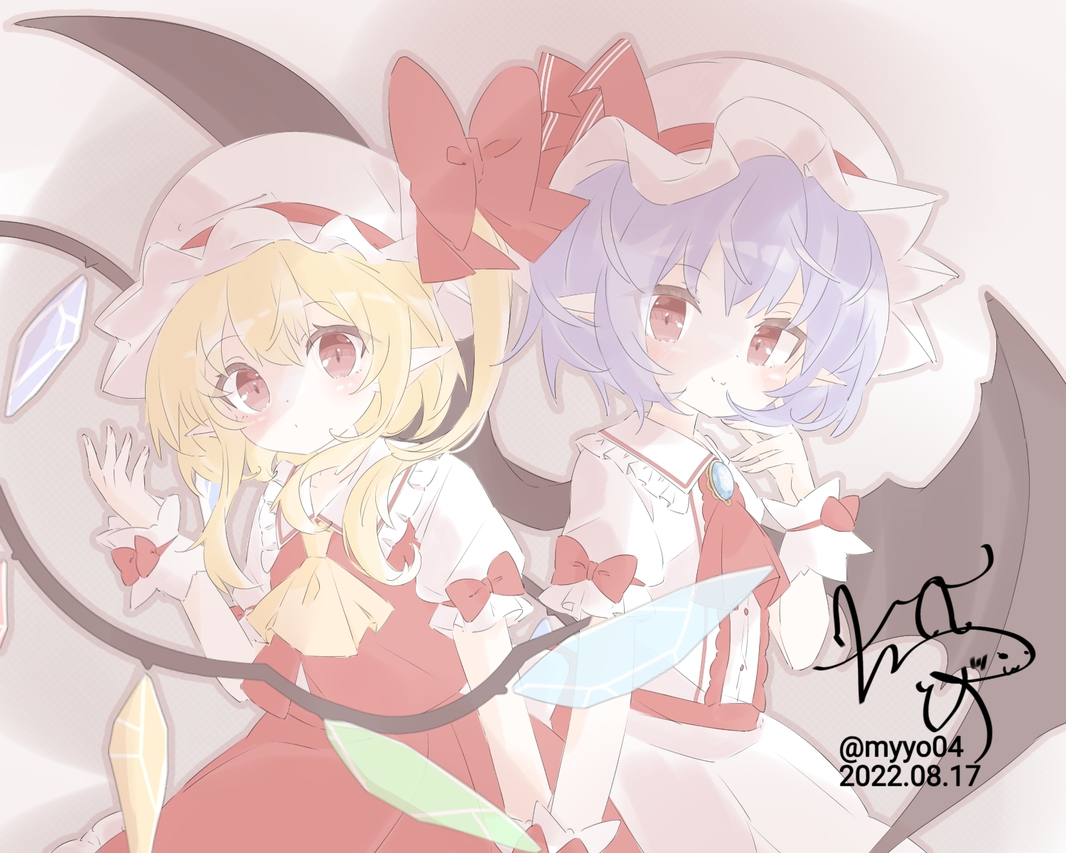 chame (myyo04), flandre scarlet, remilia scarlet, touhou, commentary request, highres, 2girls, ascot, bat wings, blonde hair, blue brooch, blush, bow, brooch, closed mouth, collared shirt, crystal, crystal wings, dated, frilled shirt collar, frills, hat, hat bow, hat ribbon, jewelry, looking at viewer, mob cap, multicolored wings, multiple girls, one side up, pink hat, red ascot, red bow, red eyes, red skirt, red vest, ribbon, shirt, siblings, signature, sisters, skirt, skirt set, sleeve bow, smile, twitter username, vest, white hat, white shirt, wings, wrist cuffs, yellow ascot