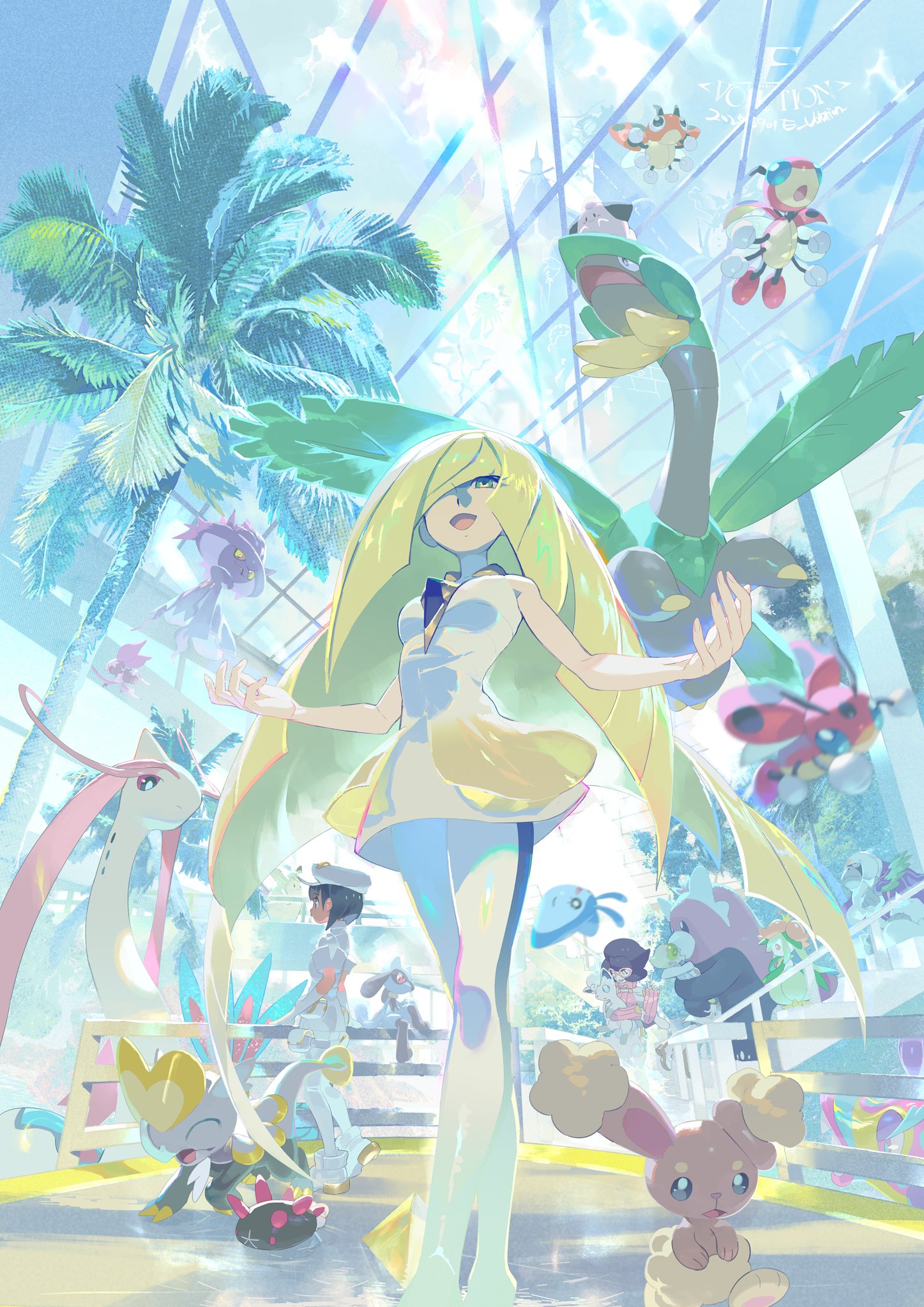 e volution, aether foundation employee, alolan vulpix, bewear, bruxish, buneary, buzzwole, celesteela, cleffa, faba (pokemon), guzzlord, jangmo-o, ledian, ledyba, lilligant, lusamine (pokemon), mantyke, milotic, mismagius, nihilego, noibat, oranguru, pheromosa, pyukumuku, riolu, stakataka, tropius, wicke (pokemon), xurkitree, nintendo, pokemon, pokemon sm, highres, 3girls, 6+others, aether foundation uniform, alolan form, artist name, banana, bare shoulders, beret, blonde hair, breasts, dress, food, fruit, gem, gen 2 pokemon, gen 3 pokemon, gen 4 pokemon, gen 5 pokemon, gen 6 pokemon, gen 7 pokemon, glass, green eyes, green gemstone, hair over one eye, hat, leaf, leggings, long hair, mature female, multiple girls, multiple others, obelisk, open mouth, palm tree, pink sweater, pokemon (creature), silhouette, smile, solo focus, sunglasses, sweater, tree, ultra beast, very long hair, white dress, white fur, white hat, white leggings