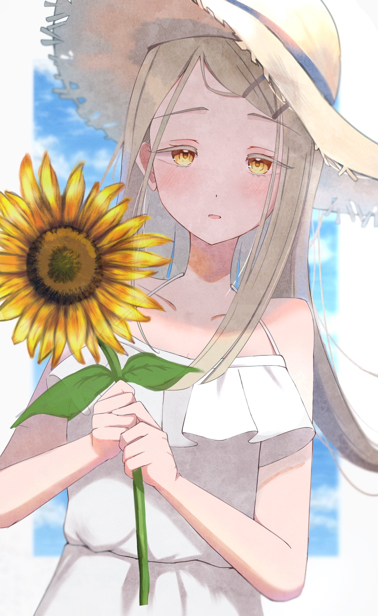 iroha 822, shinosawa hiro, gakuen idolmaster, idolmaster, highres, 1girl, bare shoulders, blonde hair, blue sky, border, cloud, collarbone, colored eyelashes, dress, flower, hair ornament, hairclip, hat, holding, holding flower, light blush, long hair, looking at viewer, off-shoulder dress, off shoulder, open mouth, orange eyes, outside border, parallel hairclips, sky, solo, straw hat, sundress, sunflower, swept bangs, upper body, white border, white dress