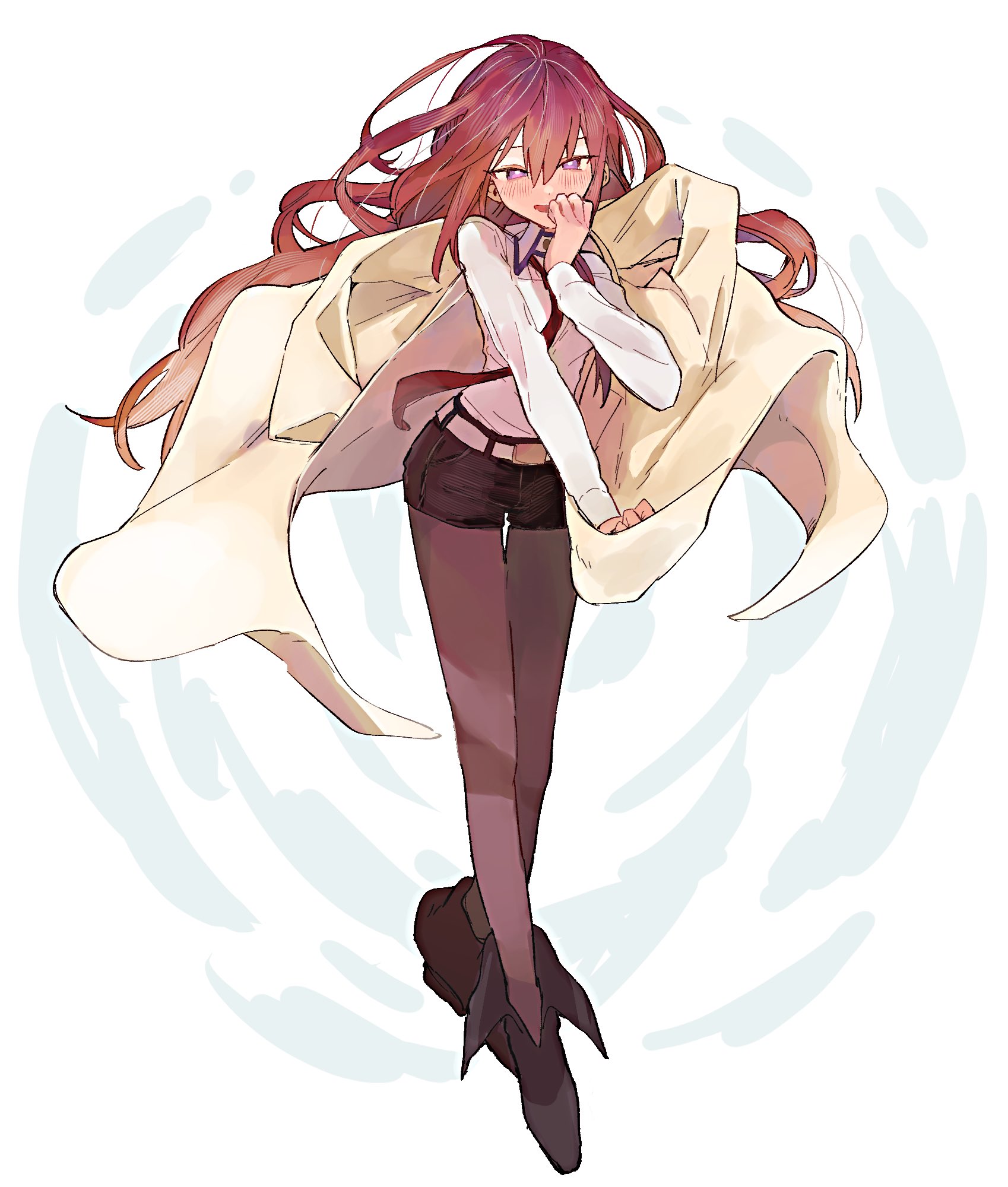 suehiroch0, makise kurisu, science adventure, steins;gate, commentary, highres, 1girl, belt, black boots, black pantyhose, black shorts, blush, boots, bright pupils, covering own mouth, dress shirt, floating clothes, floating hair, full body, giggling, hair between eyes, hand over own mouth, lab coat, long hair, looking at viewer, loose hair strand, necktie, open mouth, pantyhose, pantyhose under shorts, purple eyes, red hair, red necktie, shirt, shorts, solo, white background, white belt, white pupils, white shirt