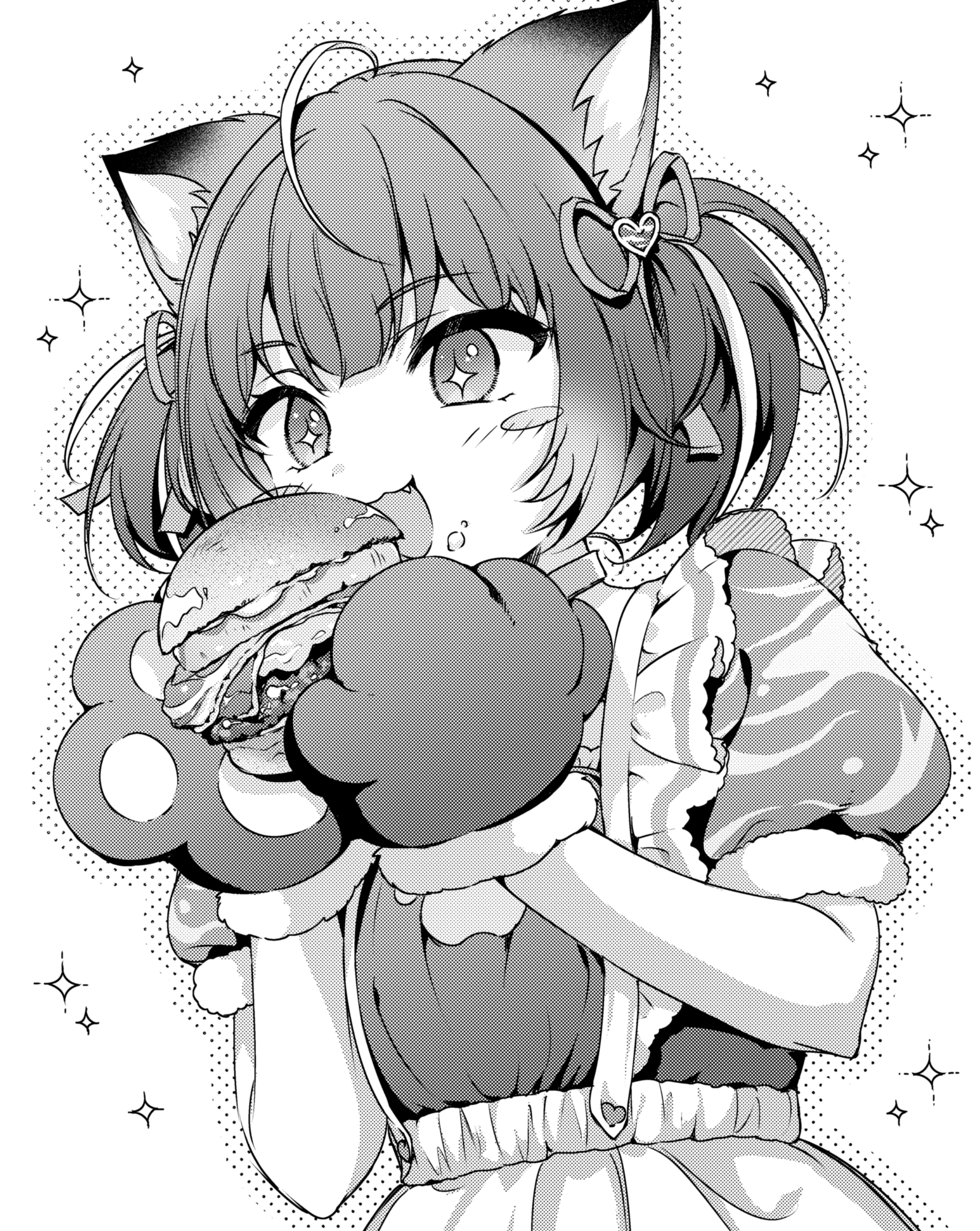haruhana aya, akami karubi, indie virtual youtuber, commentary, highres, + +, 1girl, :3, :d, ahoge, animal ears, animal hands, apron, blush, blush stickers, bright pupils, burger, cat ears, cat girl, eating, fang, food, frilled apron, frills, from below, fur-trimmed sleeves, fur trim, greyscale, hair ribbon, halftone, halftone background, hands up, heart, holding, holding burger, holding food, monochrome, open mouth, puffy short sleeves, puffy sleeves, ribbon, shirt, short hair, short sleeves, simple background, smile, solo, sparkle, two side up, upper body, virtual youtuber, waist apron, white background