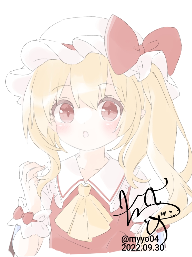 chame (myyo04), flandre scarlet, touhou, commentary request, 1girl, ascot, blonde hair, blush, bow, collared shirt, dated, frilled shirt collar, frills, hat, hat bow, looking at viewer, mob cap, one side up, open mouth, pointy ears, red bow, red eyes, red vest, shirt, signature, solo, twitter username, vest, white hat, wings, wrist cuffs, yellow ascot