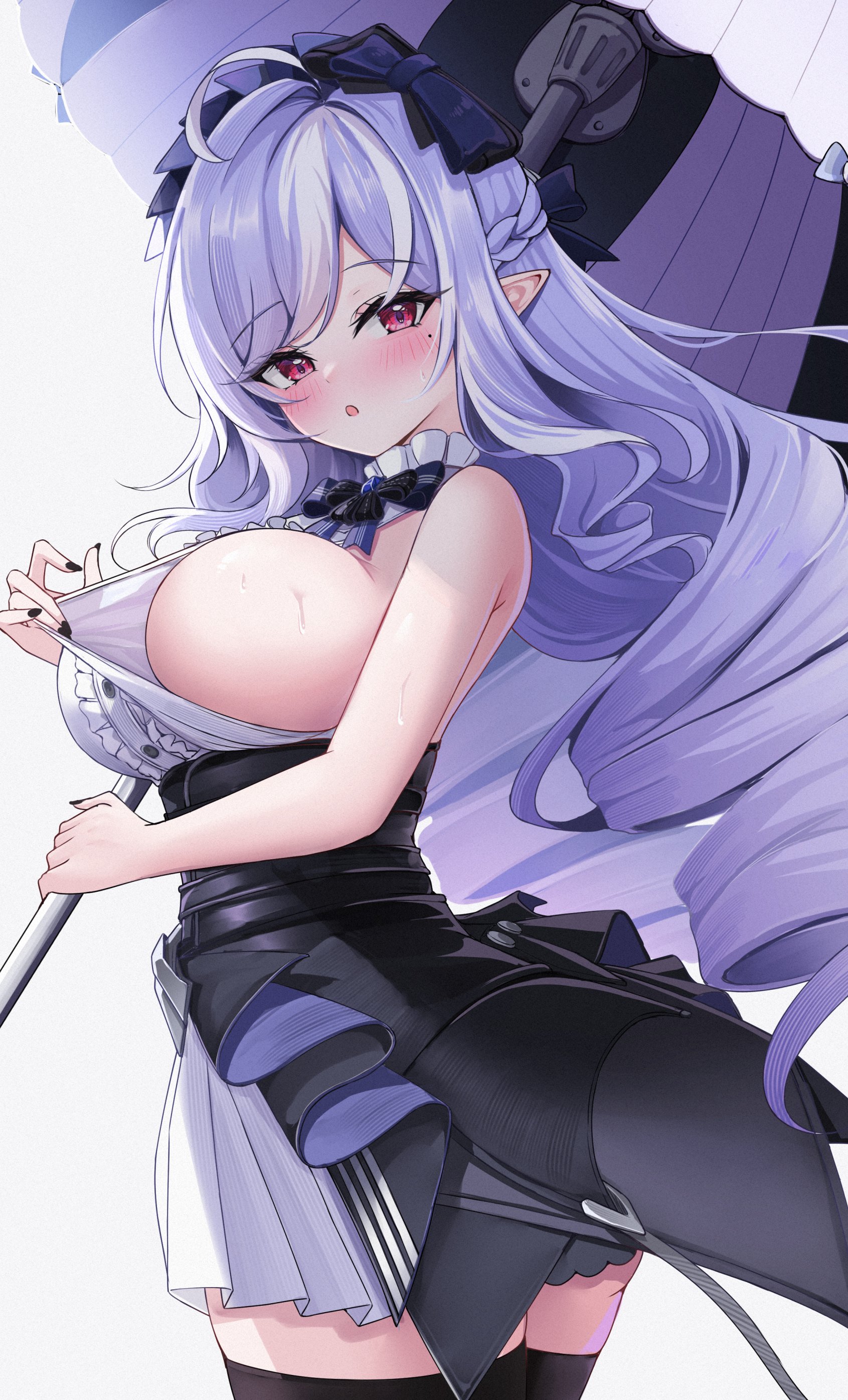 balut (7676i), vivian banshee, zenless zone zero, absurdres, commentary request, highres, 1girl, :o, black thighhighs, blush, breasts, dress, drill hair, holding, holding umbrella, large breasts, long hair, looking at viewer, mole, mole under eye, pointy ears, purple hair, red eyes, simple background, solo, thighhighs, thighs, umbrella, very long hair, white background, white dress