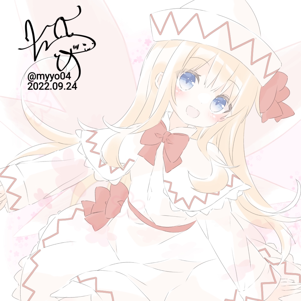 chame (myyo04), lily white, touhou, commentary request, 1girl, blonde hair, blush, bow, bowtie, capelet, dated, dress, fairy, fairy wings, hat, hat bow, long hair, long sleeves, looking at viewer, open mouth, red bow, red bowtie, signature, smile, solo, twitter username, very long hair, white capelet, white dress, white hat, wings