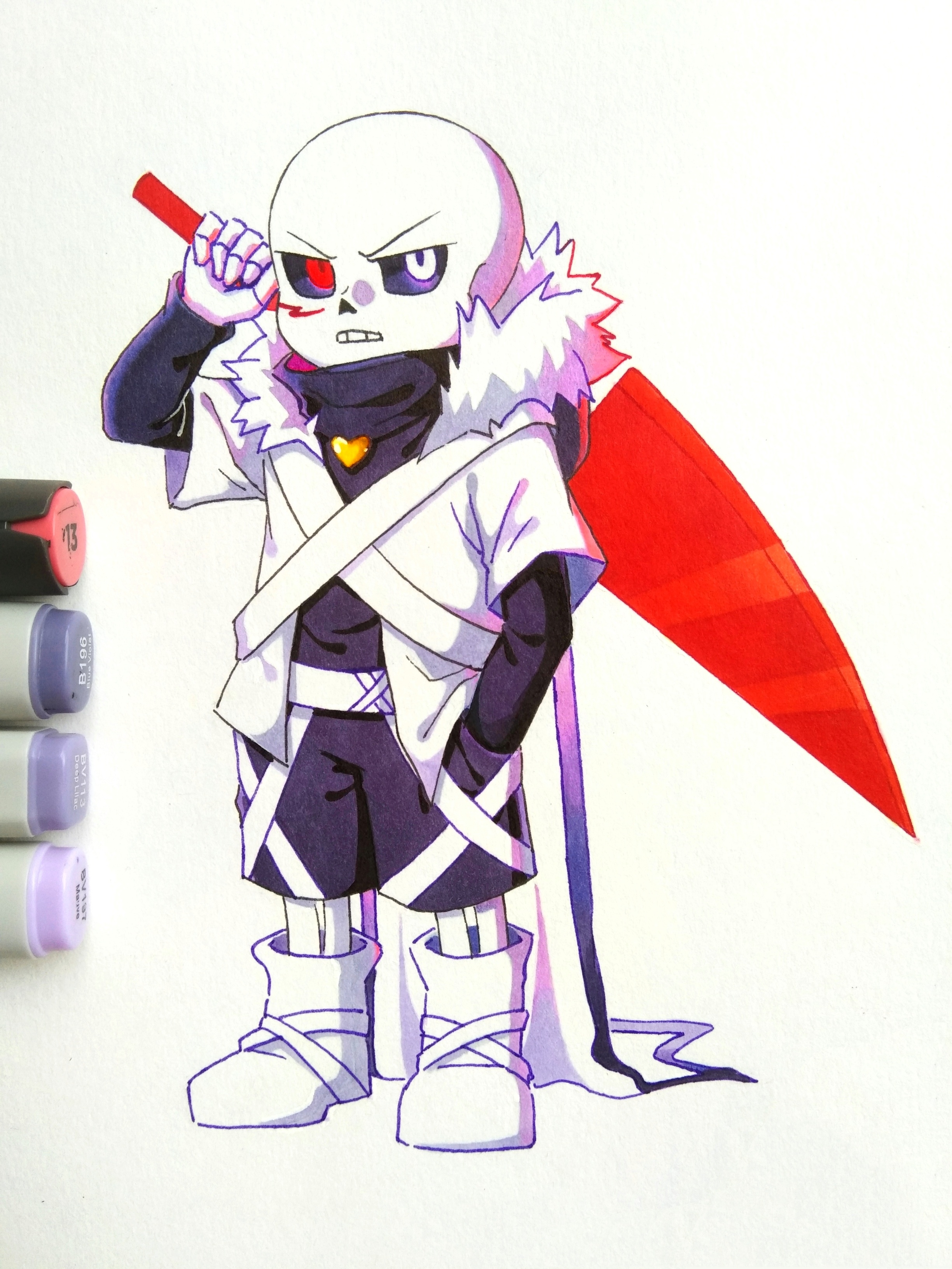 nishinianshaodehuanxi137, sans (undertale), undertale, utdr (toby fox), xtale, absurdres, chinese commentary, commentary request, highres, marker (medium), traditional media, 1boy, alternate universe, ankle boots, art tools in frame, black sclera, black shorts, black sweater, boots, cape, clenched teeth, colored sclera, film grain, full body, fur-trimmed jacket, fur trim, gold necklace, hand in pocket, hand up, heart, heart necklace, heterochromia, holding, holding knife, jacket, jewelry, knife, layered sleeves, long sleeves, looking at viewer, necklace, open clothes, open jacket, red eyes, short-sleeved jacket, short over long sleeves, short sleeves, shorts, simple background, skeleton, solo, standing, sweater, teeth, turtleneck, turtleneck sweater, v-shaped eyebrows, white background, white boots, white cape, white eyes, white jacket