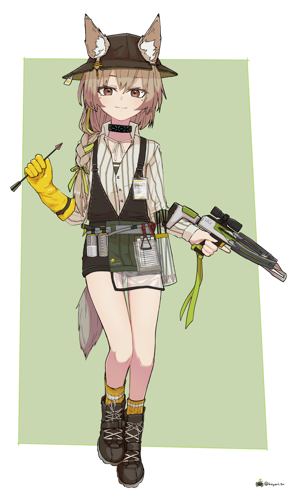 kamihine, beanstalk (arknights), infection monitor (arknights), arknights, commentary request, highres, variant set, 1girl, animal ear fluff, arrow (projectile), artist name, black hat, black shoes, black skirt, border, braid, brown eyes, brown hair, closed mouth, ears through headwear, flat chest, full body, gloves, green background, gun, hair ribbon, hat, holding, holding arrow, holding gun, holding weapon, hyena ears, hyena girl, hyena tail, long hair, long sleeves, looking at viewer, miniskirt, outside border, ribbon, ribbon braid, shirt, shoes, side braid, signature, simple background, single braid, skirt, socks, solo, striped clothes, striped shirt, suspender skirt, suspenders, twitter username, vertical-striped clothes, vertical-striped shirt, weapon, white border, white shirt, yellow gloves, yellow socks