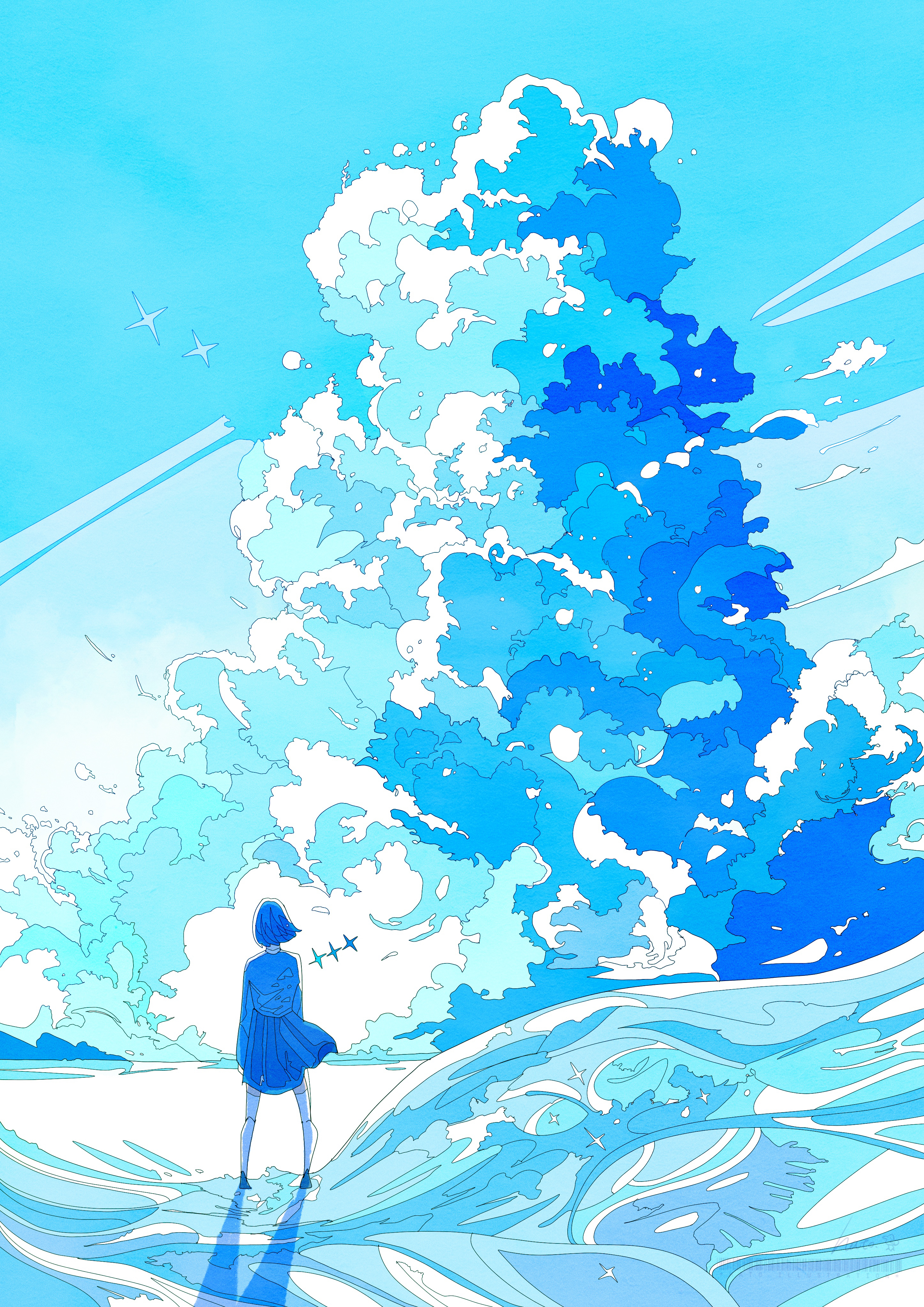 hato (n hat mu), original, absurdres, commentary request, highres, 1girl, abstract, blue theme, bob cut, cloud, cloud focus, from behind, legs apart, ligne claire, long sleeves, monochrome, outdoors, pleated skirt, scenery, shadow, shirt, short hair, skirt, standing, thighhighs