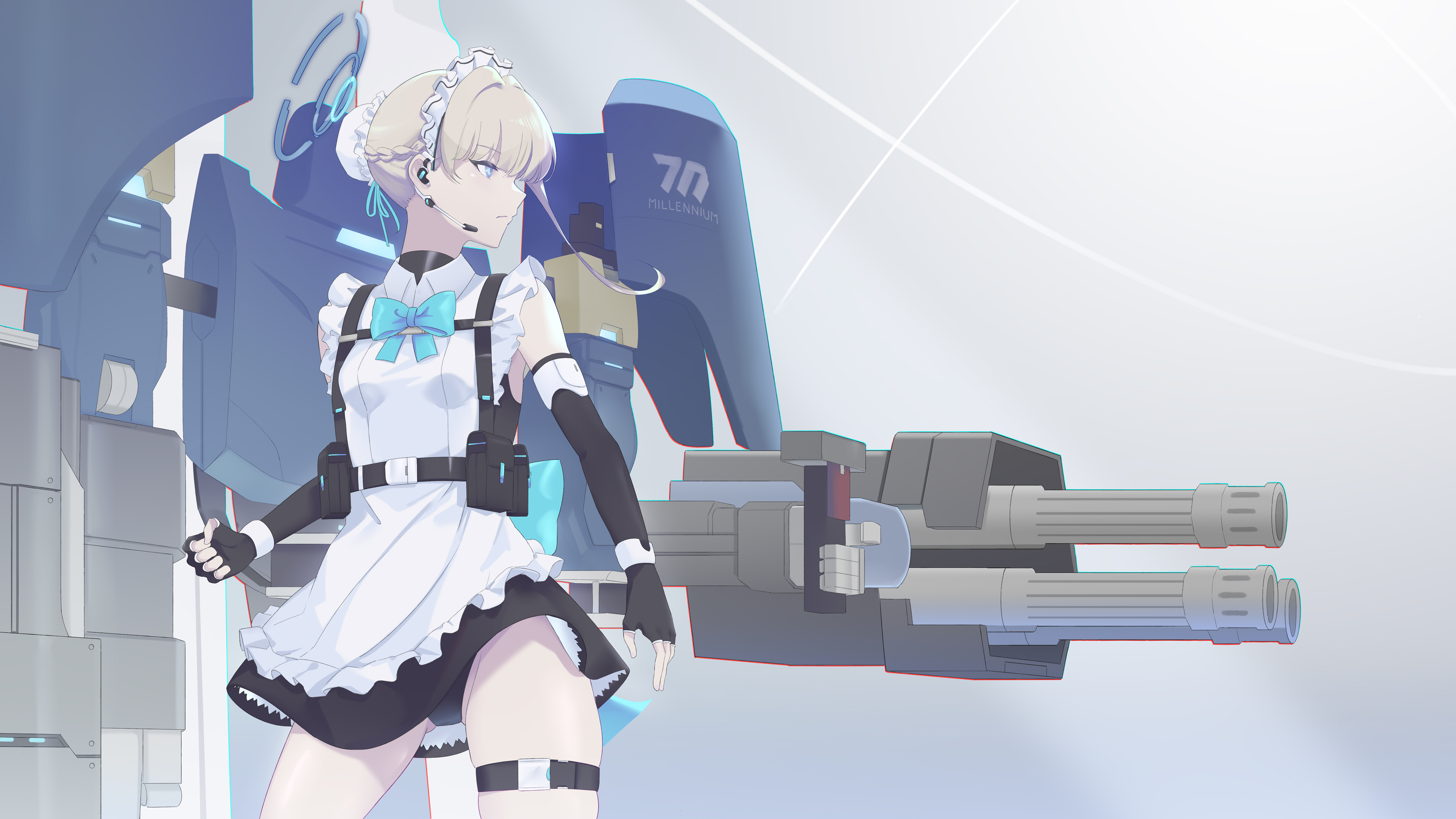 vii (joshuayuen), toki (blue archive), blue archive, absurdres, highres, 1girl, apron, black gloves, black panties, blonde hair, blue bow, blue eyes, bow, braid, bun cover, closed mouth, elbow gloves, fingerless gloves, from side, gloves, hair bun, headset, maid headdress, panties, robot, short hair, solo, thigh strap, underwear, white apron