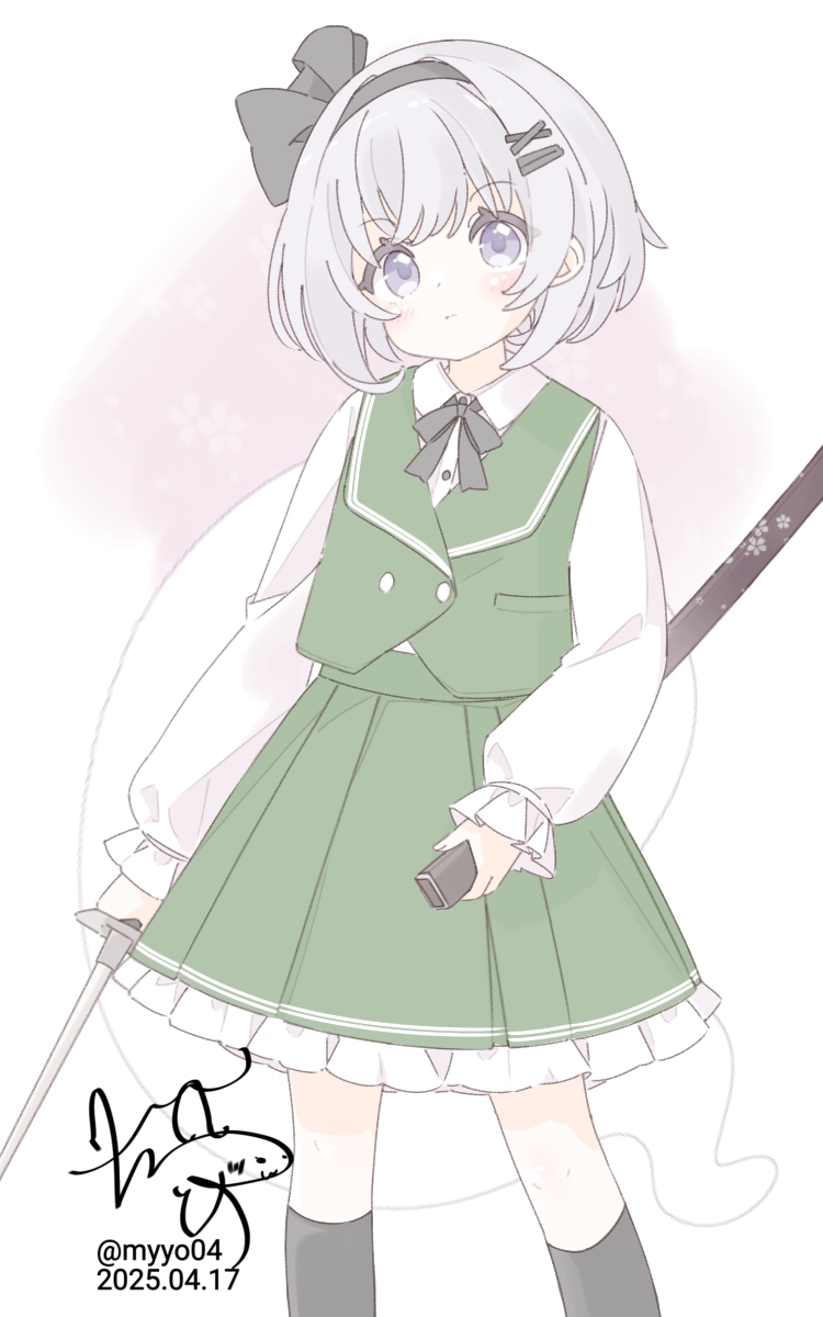chame (myyo04), konpaku youmu, konpaku youmu (ghost), touhou, commentary request, highres, 1girl, black bow, black bowtie, black hairband, black socks, bow, bowtie, closed mouth, collared shirt, dated, frilled skirt, frills, green skirt, green vest, grey hair, hairband, hitodama, holding, holding sheath, holding sword, holding weapon, katana, kneehighs, long sleeves, looking at viewer, medium hair, pleated skirt, purple eyes, sheath, shirt, signature, skirt, skirt set, socks, solo, sword, twitter username, unsheathed, vest, weapon, white shirt