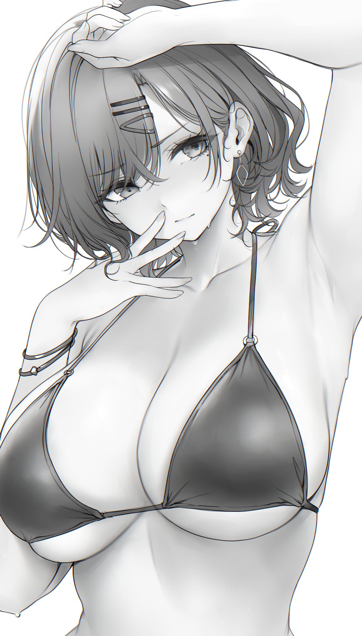 re0n, higuchi madoka, idolmaster, idolmaster shiny colors, commentary, highres, 1girl, alternate breast size (larger), arm up, armpits, bikini, bracelet, breasts, cleavage, closed mouth, earrings, greyscale, hair ornament, hairclip, jewelry, large breasts, mole, mole under eye, monochrome, multiple bracelets, short hair, simple background, skindentation, solo, sweat, swimsuit, upper body, white background