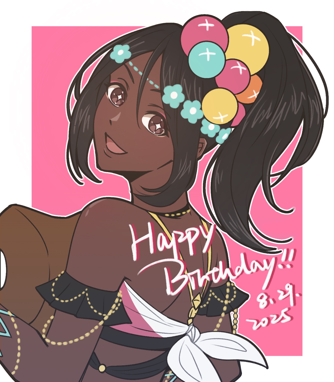 fumiko (290976767), timerra (fire emblem), fire emblem, fire emblem engage, nintendo, highres, 1girl, :d, back, black hair, border, dark-skinned female, dark skin, dated, food, from behind, hair between eyes, hair ornament, happy birthday, looking at viewer, meat, open mouth, outside border, pink background, ponytail, smile, solo, star-shaped pupils, star (symbol), symbol-shaped pupils, white border