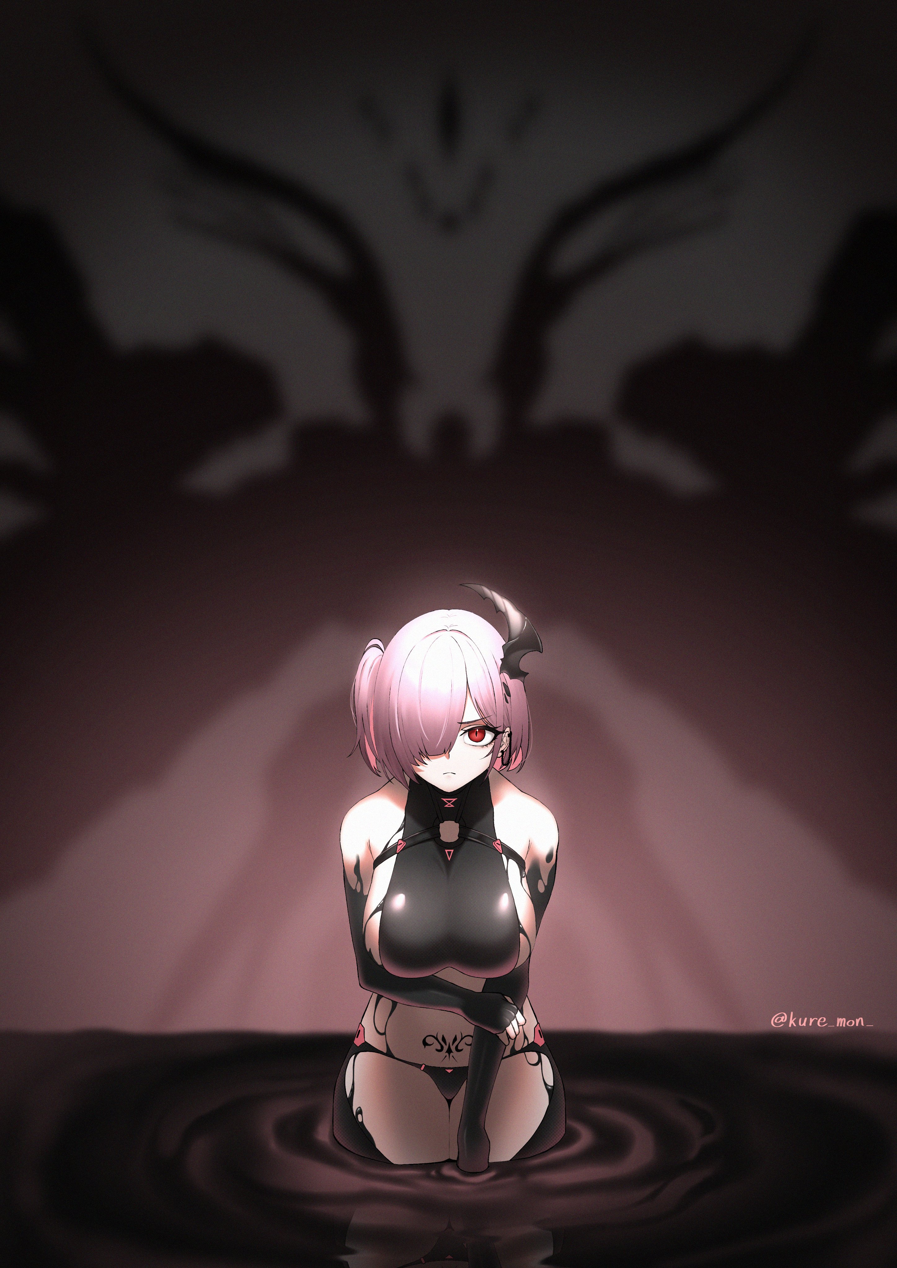 kuremon, ziz (nikke), goddess of victory: nikke, absurdres, highres, 1girl, above-cleavage cutout, belt, black gloves, black horns, black liquid, breasts, clothing cutout, earclip, elbow gloves, gloves, halter shirt, halterneck, horns, liquid clothes, looking at viewer, melting, micro panties, navel, o-ring, o-ring belt, o-ring strap, one side up, panties, pink hair, pubic tattoo, sideboob, single horn, solo, stomach, tattoo, thighs, underwear, wet suit