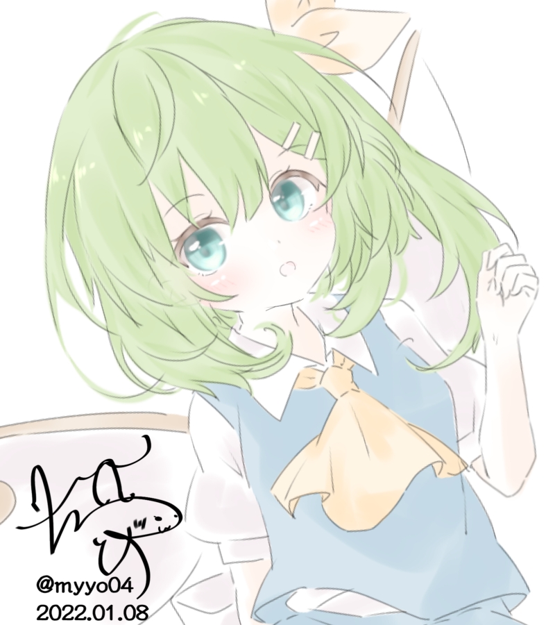 chame (myyo04), daiyousei, touhou, commentary request, 1girl, ascot, blue skirt, blue vest, collared shirt, dated, fairy, fairy wings, green eyes, green hair, long hair, open mouth, puffy short sleeves, puffy sleeves, shirt, short sleeves, signature, skirt, solo, twitter username, vest, white shirt, wings, yellow ascot