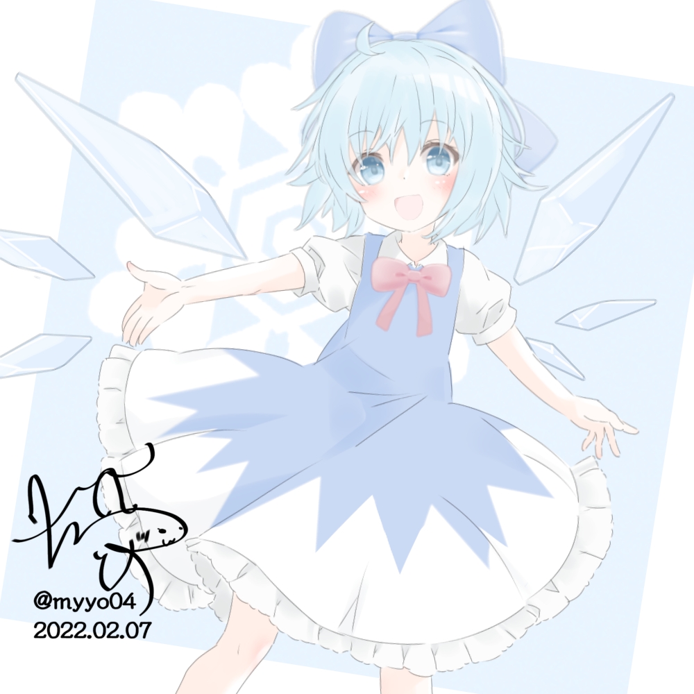 chame (myyo04), cirno, touhou, commentary request, 1girl, blue bow, blue dress, blue eyes, blue hair, blush, bow, bowtie, collared shirt, dated, detached wings, dress, hair bow, ice, ice wings, looking at viewer, open mouth, pinafore dress, puffy short sleeves, puffy sleeves, red bow, red bowtie, shirt, short sleeves, signature, sleeveless, sleeveless dress, smile, solo, twitter username, white shirt, wings