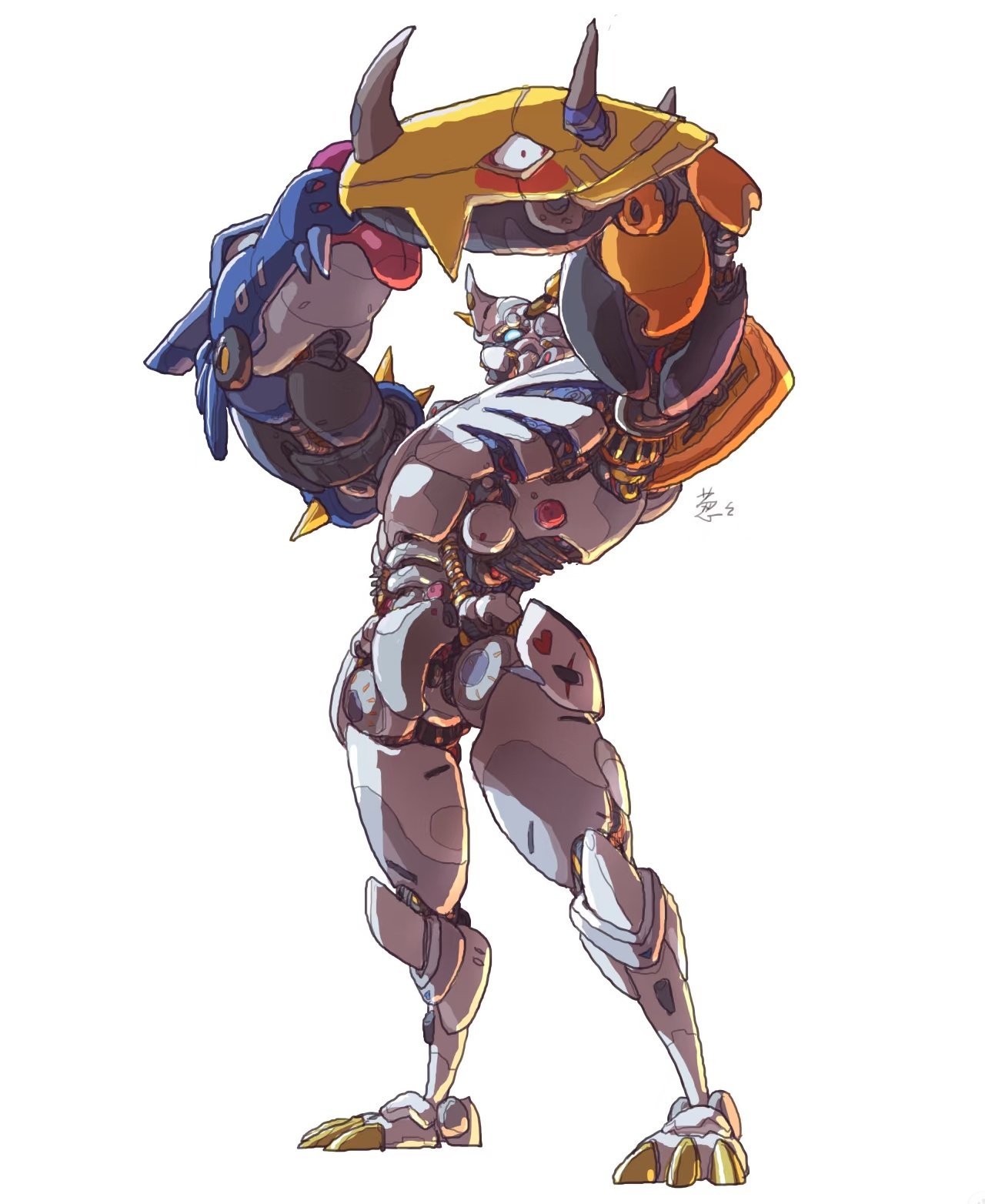 omegamon, digimon, highres, arms up, digimon (creature), full body, robot, shijishoutmon, signature, simple background, solo, standing, white background