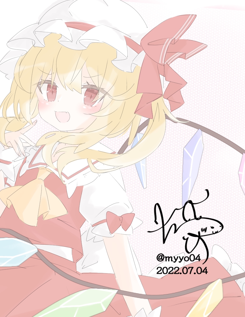 chame (myyo04), flandre scarlet, touhou, commentary request, 1girl, ascot, blonde hair, blush, bow, collared shirt, crystal, crystal wings, dated, frilled shirt collar, frills, hat, hat ribbon, mob cap, multicolored wings, one side up, open mouth, puffy short sleeves, puffy sleeves, red bow, red eyes, red skirt, red vest, ribbon, shirt, short sleeves, signature, skirt, skirt set, sleeve bow, smile, solo, twitter username, vest, white hat, white shirt, wings, yellow ascot