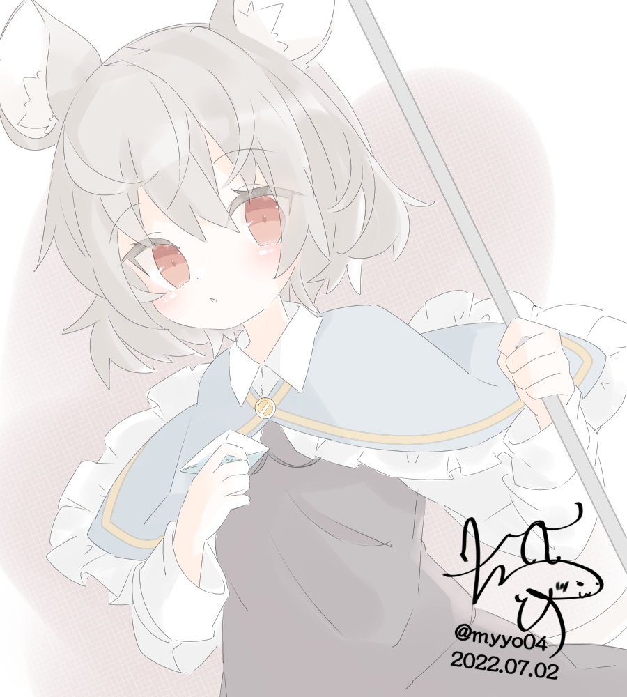 chame (myyo04), nazrin, touhou, commentary request, 1girl, animal ears, black dress, blue capelet, blush, capelet, dated, dress, grey hair, holding, jewelry, long sleeves, mouse ears, open mouth, pendant, red eyes, signature, solo, tail, twitter username