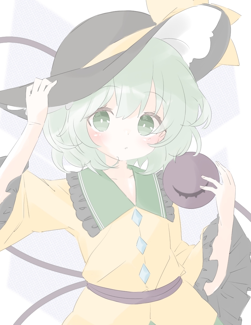 chame (myyo04), komeiji koishi, touhou, commentary request, 1girl, black hat, blush, buttons, closed mouth, collared shirt, diamond button, eyeball, frilled shirt collar, frilled sleeves, frills, green eyes, green hair, hand on headwear, hat, long sleeves, looking at viewer, medium hair, shirt, solo, third eye, wide sleeves, yellow shirt
