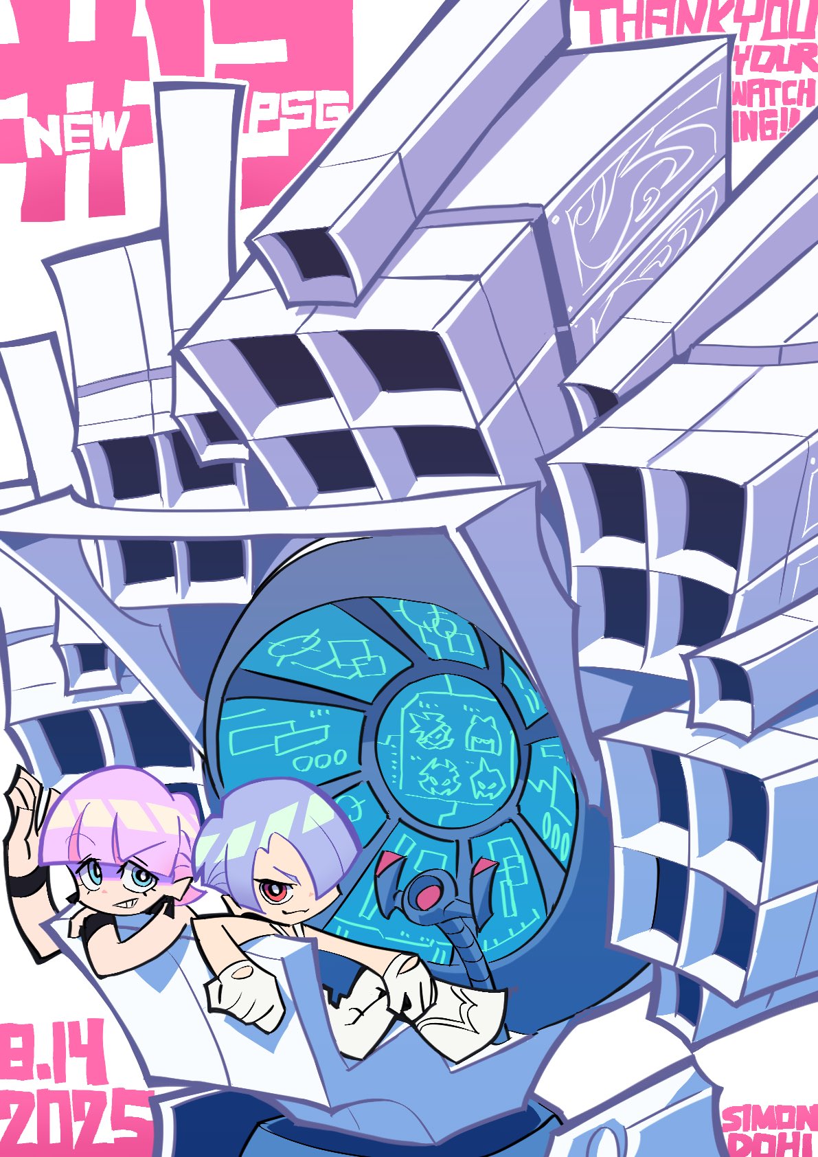 simonori, polyester (psg), polyurethane (psg), panty & stocking with garterbelt, highres, 2boys, blue eyes, controller, gloves, looking at viewer, monitor, multiple boys, pink hair, purple hair, red eyes, teeth, white gloves